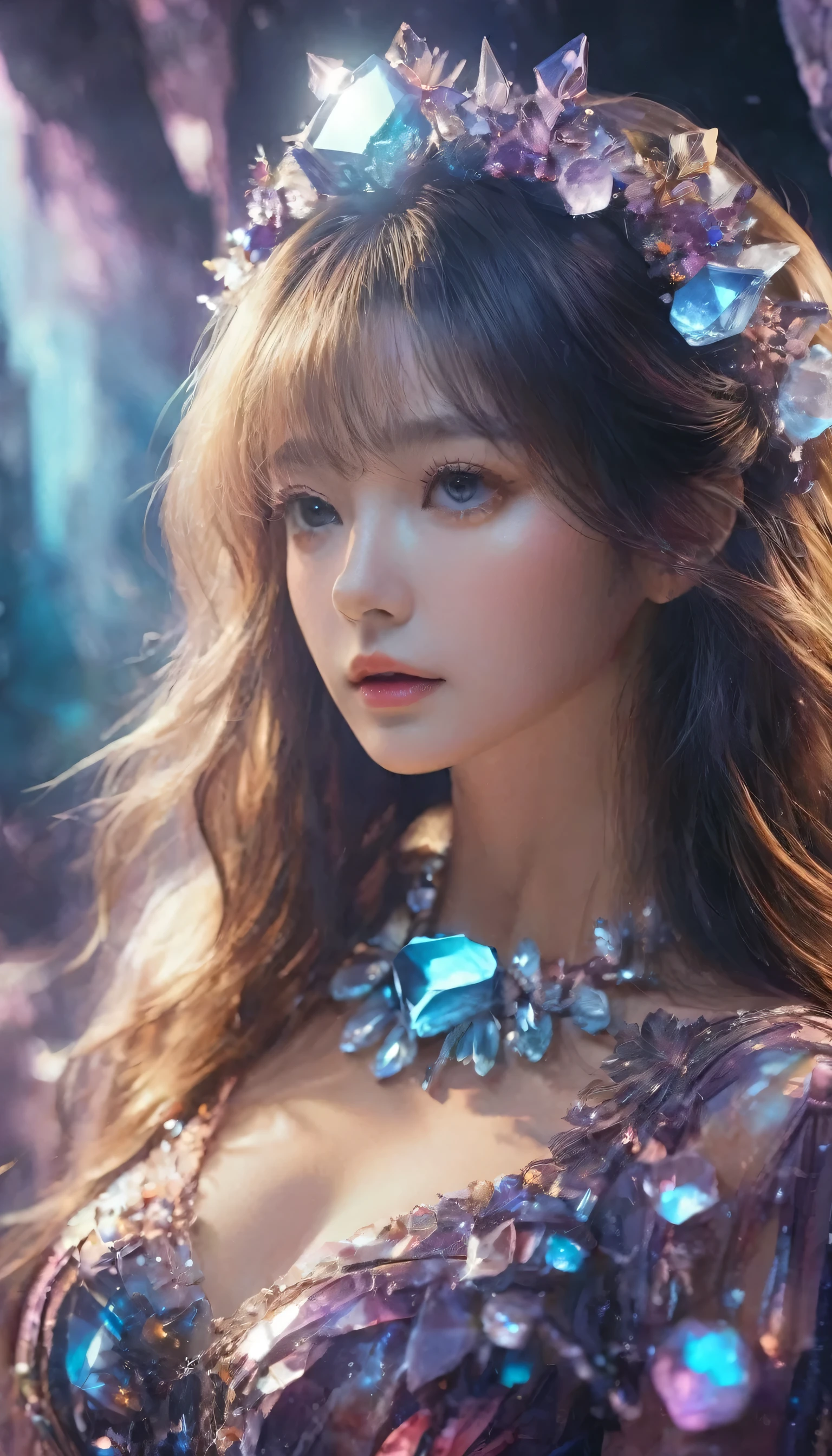 A beautiful woman，Half-length photo，Wearing clothes made of crystal，Surround yourself with magical cave walls made of mineral crystals，covered with precious crystals, Crystal Cluster，underground, exploration, Stibnite crystals，Glowing crystal, fluorite crystal,Related mineral crystals , Mysterious atmosphere, Shiny crystal, Natural Crystal, sparkling reflections, underground湖, Hidden treasure, mineral structure，(Best quality，Extremely detailed，Best Illustration Award，The best shadow，masterpiece，high resolution，），Surrealism，(Multiple Exposure:1.5)