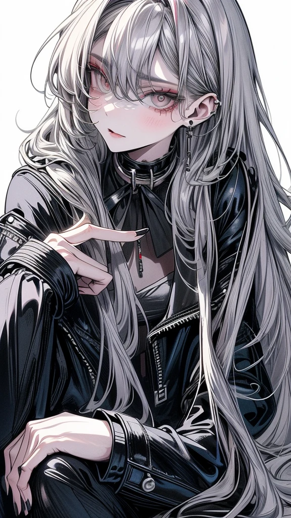 One beautiful woman, a vampire woman,
long hairstyle 、silver hair color , grey eyes、
Two-tone hair colors,small face、anime makeup、"A girl with a cute and androgynous face"、white skin、cute eyes、Very thin eyebrows、tall、stylish black luxury fashion、stylish outfits 、、19 years old、British girl、Has a languid look、anger、Lower the corners of your mouth with no expression on your face、Photographed from the side diagonally、model photoshoot、masterpiece、highest quality、high resolution、luxurious 、glaring expression、korean makeup 、Cool photos、Various poses、rich , an expression of despair, lifeless eyes , Gothic outfit