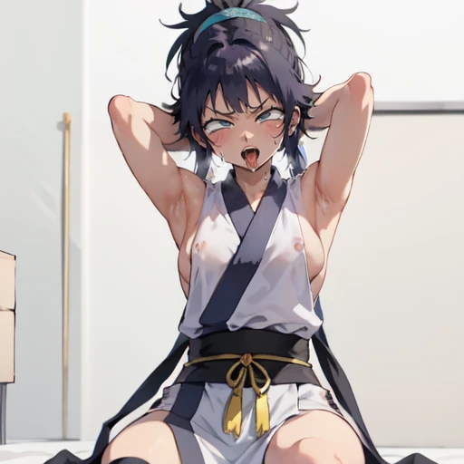 1girl, (ahegao),(muscle1.4), (masterpiece:1.3), (high resolution), (8K), (extremely detailed), (4k), (pixiv), perfect face, nice eyes and face, (best quality), (super detailed), detailed face and eyes, (solo), textured skin, absurdres, highres, wzkomachine, white eyes, Small breasts, sash, bike shorts, short sleeves, bangs, black gloves, fingerless gloves, long hair, black hair,ponytail, japanese clothes, kimono, sitting on floor, looking at viewer,Nipple exposure,Sexy, flirtatious, Solitary, eternity, - Hip vents, No underwear,No eyeballs, Also available in black, low twin braids,Facing the audience, looking at the audience, tired, from below, (Exposed armpit:1.1), ((armpit:1.2)), sexy, Sweating, More and more sweat,(ahegao), (Roll your eyes), Naughty face, blush, open mouth, Sticking out tongue, saliva, Slobber,Skinny, raise arms, (arms above head:1.5)