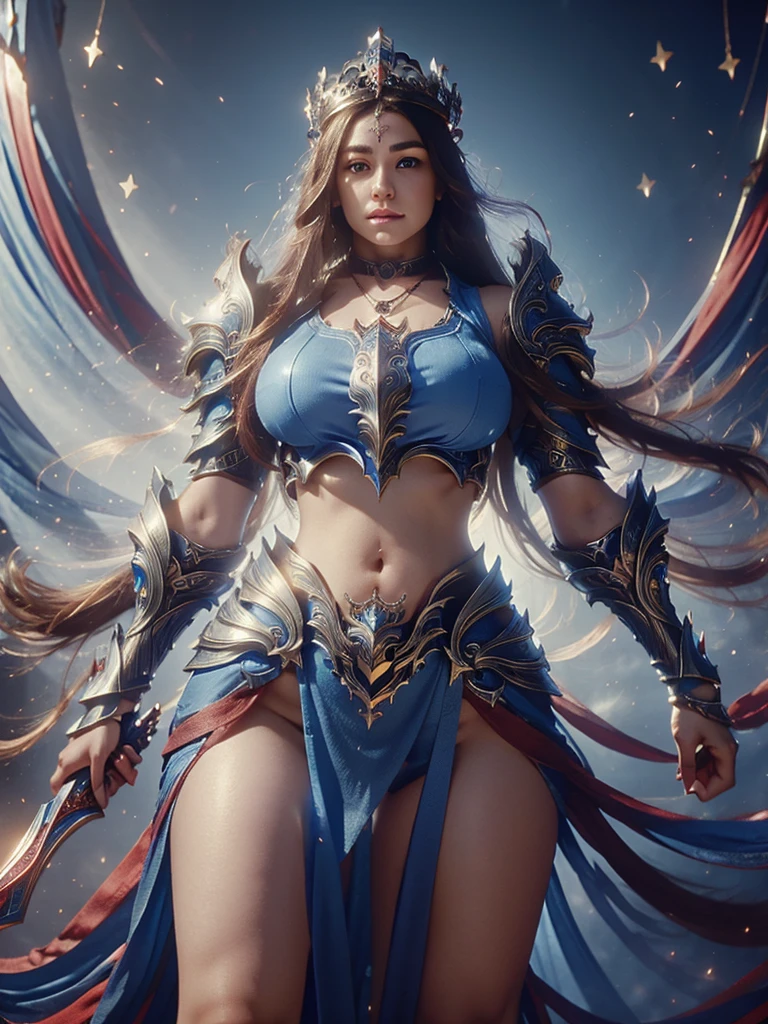 Facing me woman of approximately 25 years old goddess with long hair and necklace around her neck, crowned, futuristic detailed ruthless blue armor, Oversized hard breasts, belly, legs aligned standing up