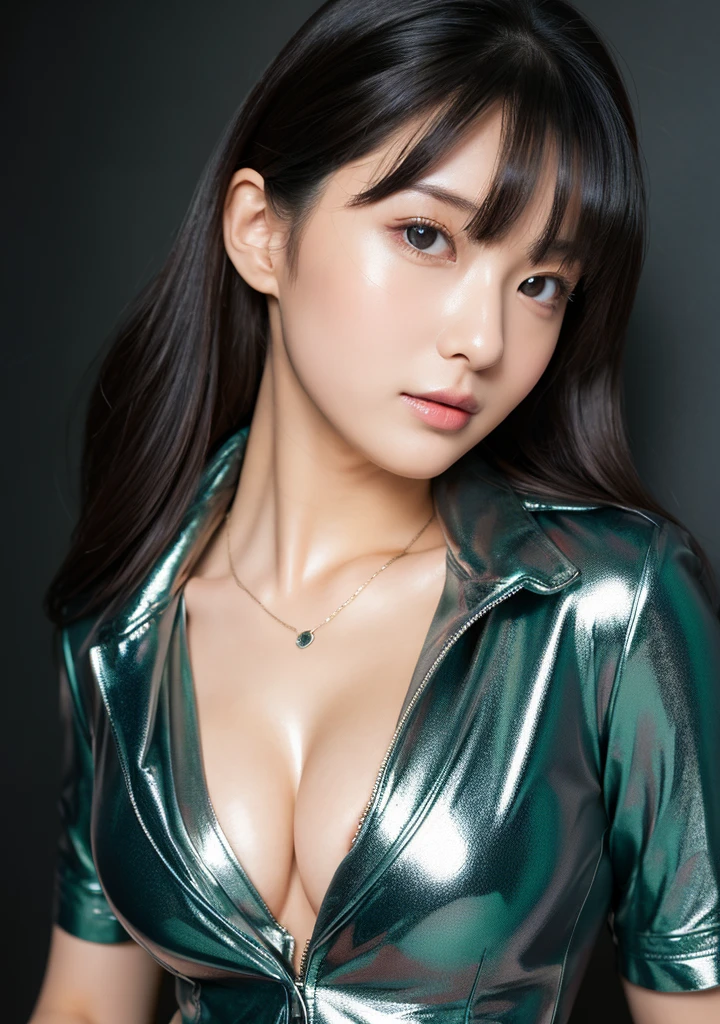 Photo studio、Rubber texture green silver leather blazer suit、Rubbery shiny black silk shirt、Cleavage、（Large Breasts:1.4)、Japanese、Gravure idol、Cute 18 year old girl,Black hair in a ponytail, masterpiece, 最high quality, 超high quality, high quality, High resolution, 超High resolution, Absurd, 4K, 8k, 16K, Very detailed, Realistic, photo Realistic, RAWphotograph, photograph, Super Fine Illustration,Beautiful Face、Realistic Face、(Ultra detailed hair)、(Ultra-detailed eyes)、Beautiful details、Realistic Skin、Perfect Anatomy、(Detailed skin)、Beautiful Skin、Charm、Ultra high definition、Ultra-realistic、Correct Anatomy, Perfect proportions