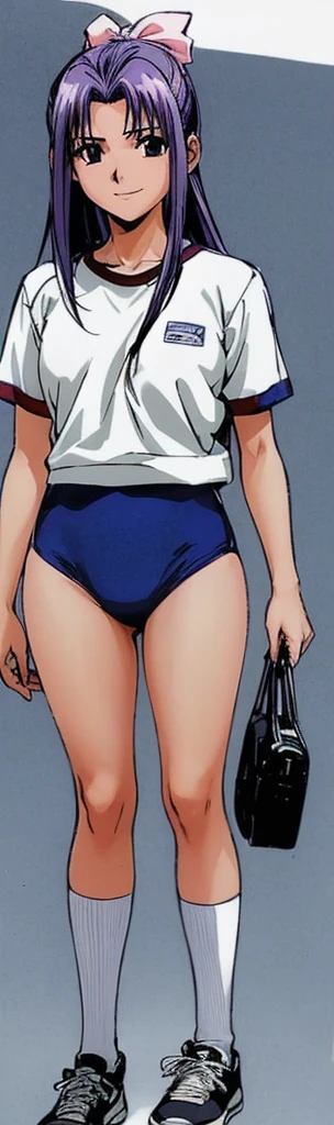 Momoko Koigakubo, a tall girl with beautiful legs, is standing with a smile on her face in a white gym uniform and light navy blue bloomers that look like panties.。
