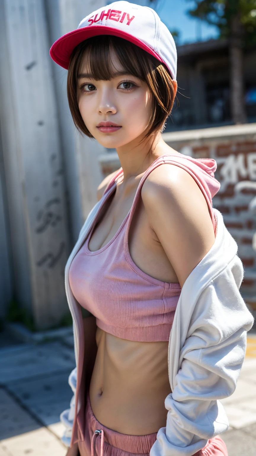 masterpiece, highest quality, Super detailed, 8k, Photorealistic, One girl, alone, Tomboy, Super detailed face, (head shot:1.5), Standing against a wall covered in hip-hop graffiti, White hair color with pixie cut, She is wearing a short tank top and an unzipped fluorescent pink hoodie.,The chest is visible,Nice butt,Wearing a New Era cap