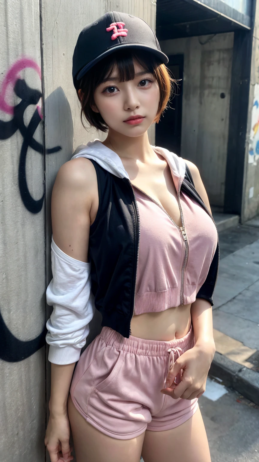 Girl posing for photo in Japanese school uniform, rainy street, wet skin, air bangs, running, large, clear eyes, slightly curly shoulder-length hair, cute, upper body, abdomen, pink white, streamers, pink kimono, suspender stockings, slave neck ring, slim figure, oversized bust, slim girl model, 18 year old female model,