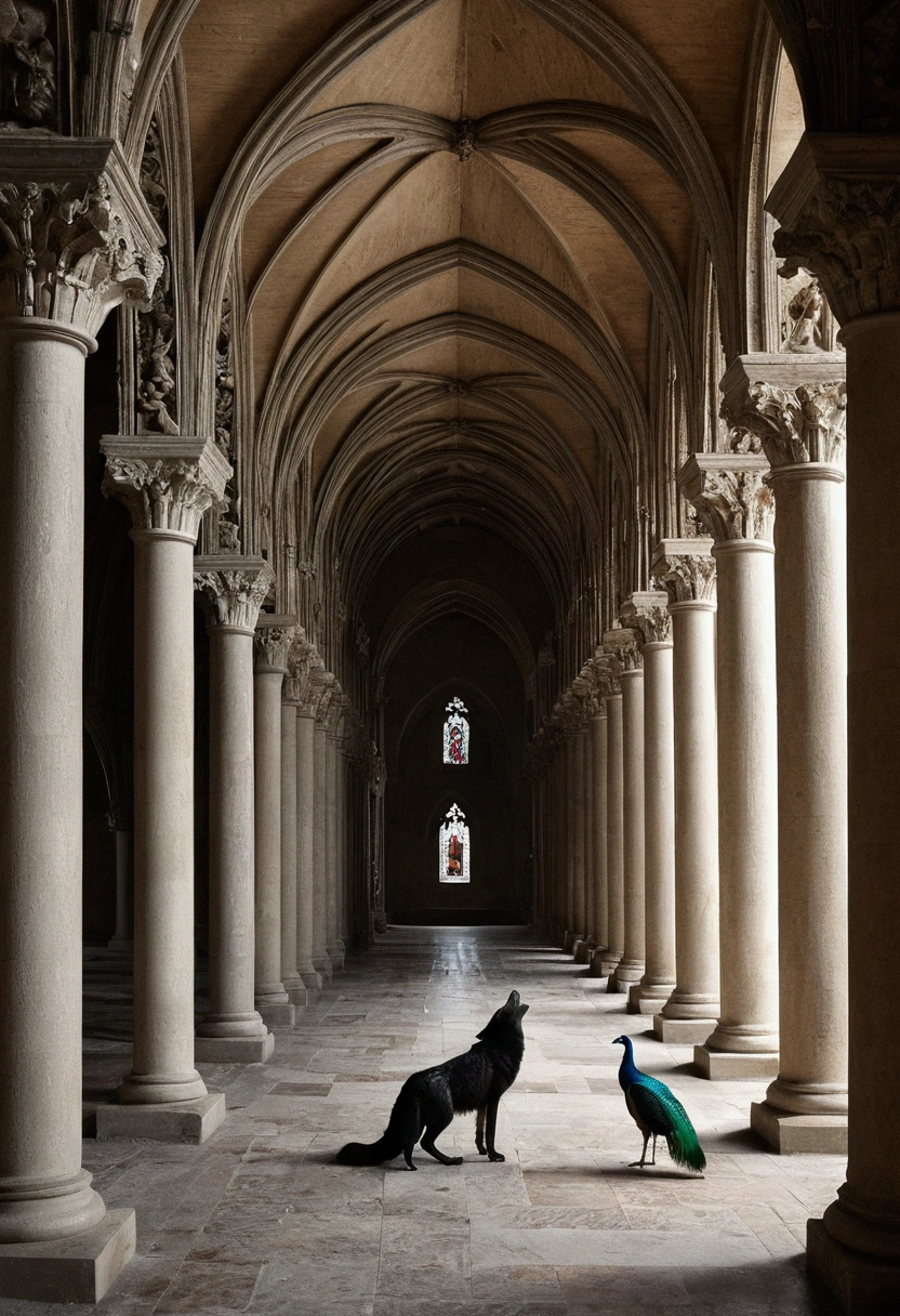 photograph、Inside the colonnade of a Catholic church、dim、Gothic architecture、A wolf and a peacock