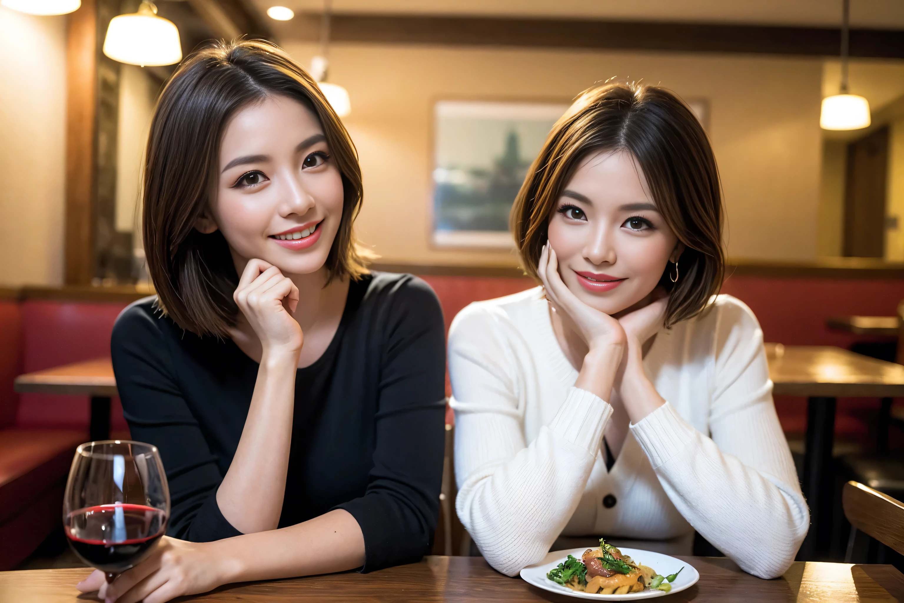 ((Highest quality、8k、masterpiece:1.3))、cute、Slim couple、Model Couple、Actress、(Realistic, Intricate details:1.2), full-course dinner、Wine Party、Amazing view of the sunset sky and clouds、A bright smile、short hair,Bright Face、 (45 years old), 48 years old, red wine 、Appetizers、Italian food、Wine bottle、Champagne、sparkling wine、Two beauties、Brown Hair、Shortcuts、Long sleeve shirt、dress、Beautiful woman 1, (Slim face), (The body is slim), (Brown Hair), (Shortcuts), cheeks turn a little red,Attractive beauty、restaurant, In a prominent place (From the waist up) Nova Frog Style, actress, model, Upper Body, White wine, slim, wine glass, A wine glass placed in the center, smile, (smile: 1.15), Beautiful fine grain, Depth f/2,saturation, High Contrast, Strong light and shadow,Moist Body:1.5、3D texture、Delicate eyes、Brown Hair、The hair is very shiny、
