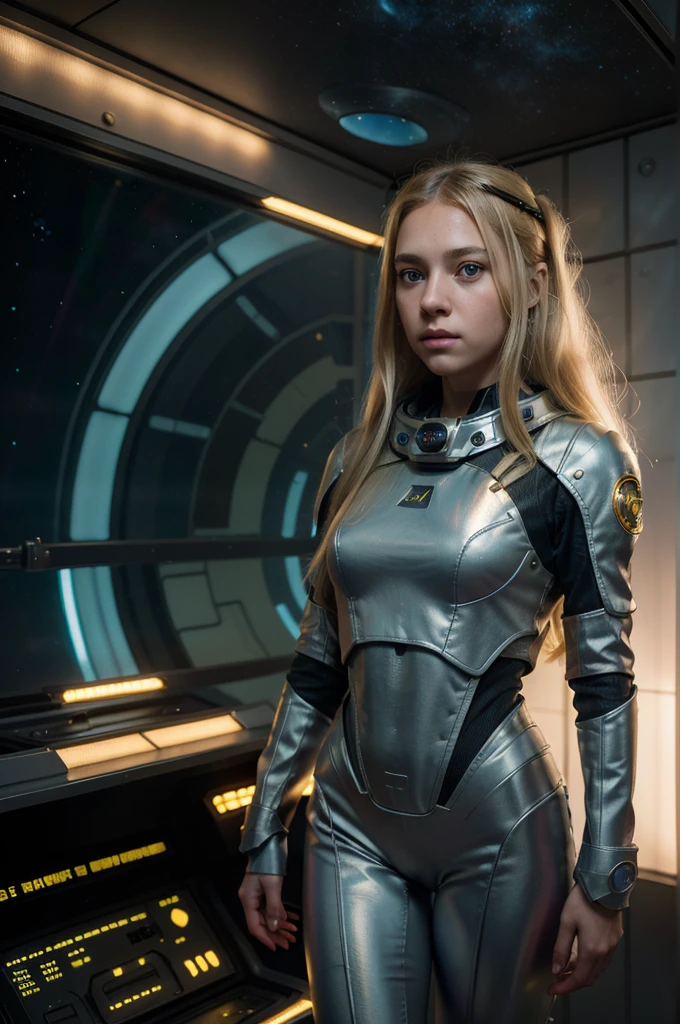 (young girl, 12 years old, blond hair, photorealistic, pale skin), (yellow (eyes:1.2)), (slim build:1.3), (fantasy space suit), beautiful face, symmetrical face, Greg Rutkowski, wlop and Sam Kuvshinov, (long hair), blond eyelashes, large iris, large pupil, full body, standing on the background of the cosmodrome, artstation, 8k, science fiction, pastel colors, props, panel, concept, futuristic, gribble, simon stalenhag, space, in outer space, a spaceship in the sky, technological blocks