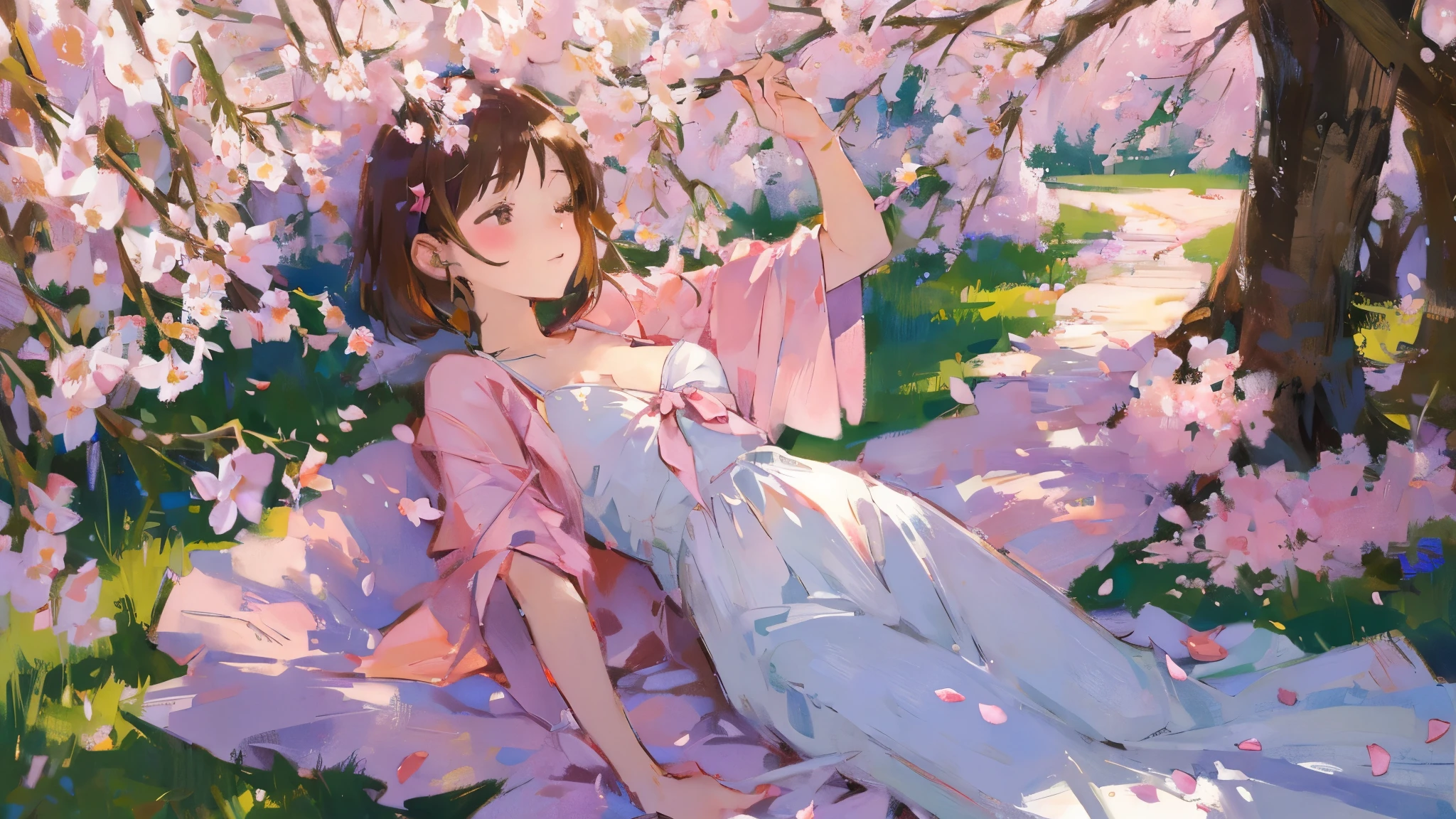Anime girl laying on a blanket in a field of flowers - SeaArt AI