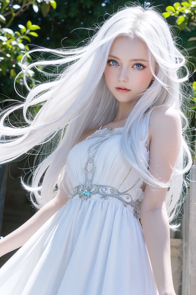 A wearing a white dress with long white hair and light blue eyes