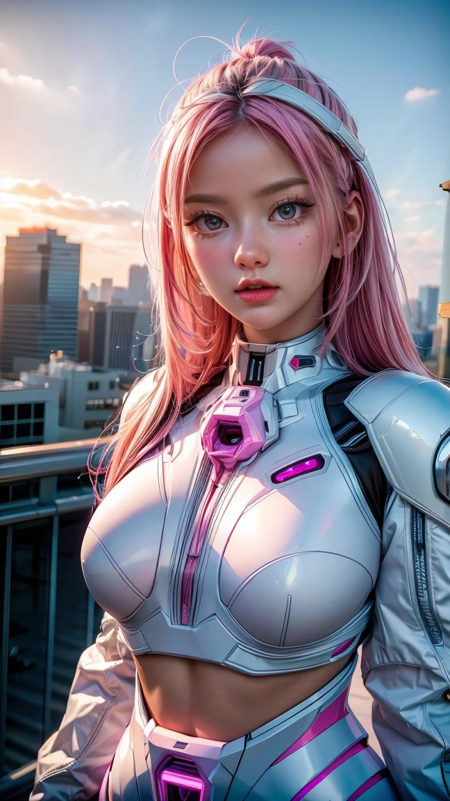 ((masterpiece, best quality, extremely detailed), volumetric lighting, ambient occlusion, colorful, glowing), 1girl, solo, young girl, (pink hair), long hair, halo, aura, sacred, godness, cyber suit, (white outfit:1.3), android, bot, angel wings, outdoors, sunset, sky, clouds, space, (cyberpunk theme:1.2),