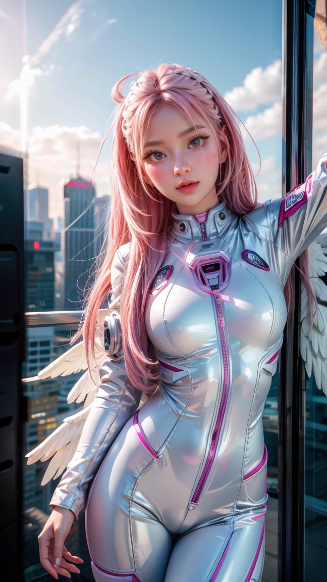 ((masterpiece, best quality, extremely detailed), volumetric lighting, ambient occlusion, colorful, glowing), 1girl, solo, young girl, (pink hair), long hair, halo, aura, sacred, godness, cyber suit, (white outfit:1.3), android, bot, angel wings, outdoors, sunset, sky, clouds, space, (cyberpunk theme:1.2),