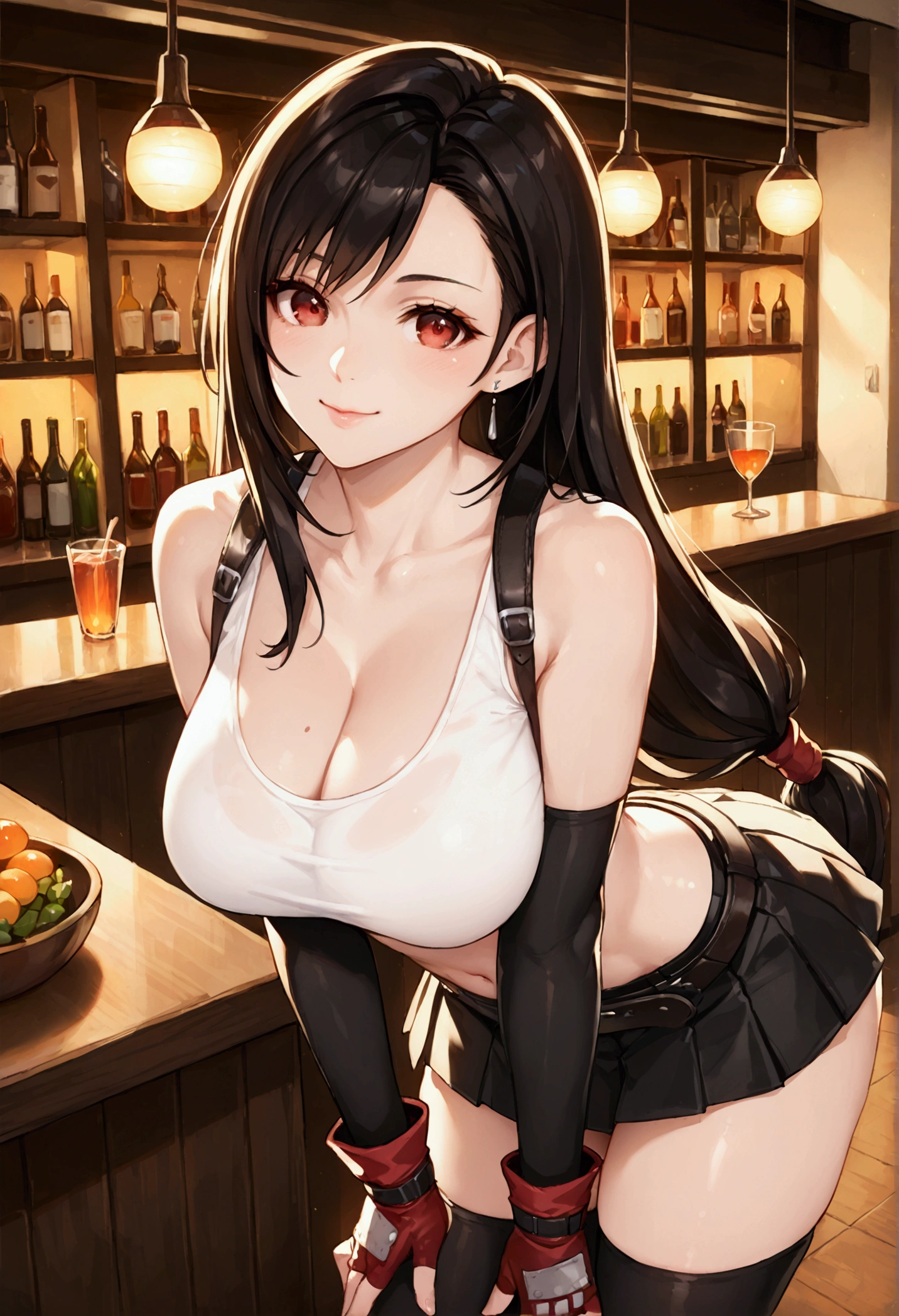 (score_9, score_8_up, score_7_up), BREAK (masterpeace),(best quality),(aesthetic,very aesthetic),1girl, tifa lockhart, final fantasy,(beautiful). black hair, low-tied long hair, red eyes, bangs, white tank top,gap, belt, pleated skirt, thighhighs, elbow fingerless gloves, elbow pads, midriff, navel,suspender skirt.zettai ryouiki ,,(large_breasts:1.3),Solo,upperbody,looking_at_viewer, vibrant, joyful,cafe and bar,(Emphasize the cleavage)、(leaning forward), (hands on knees) ,Showcasing cleavage:1.3 ,breast press,straight-on,