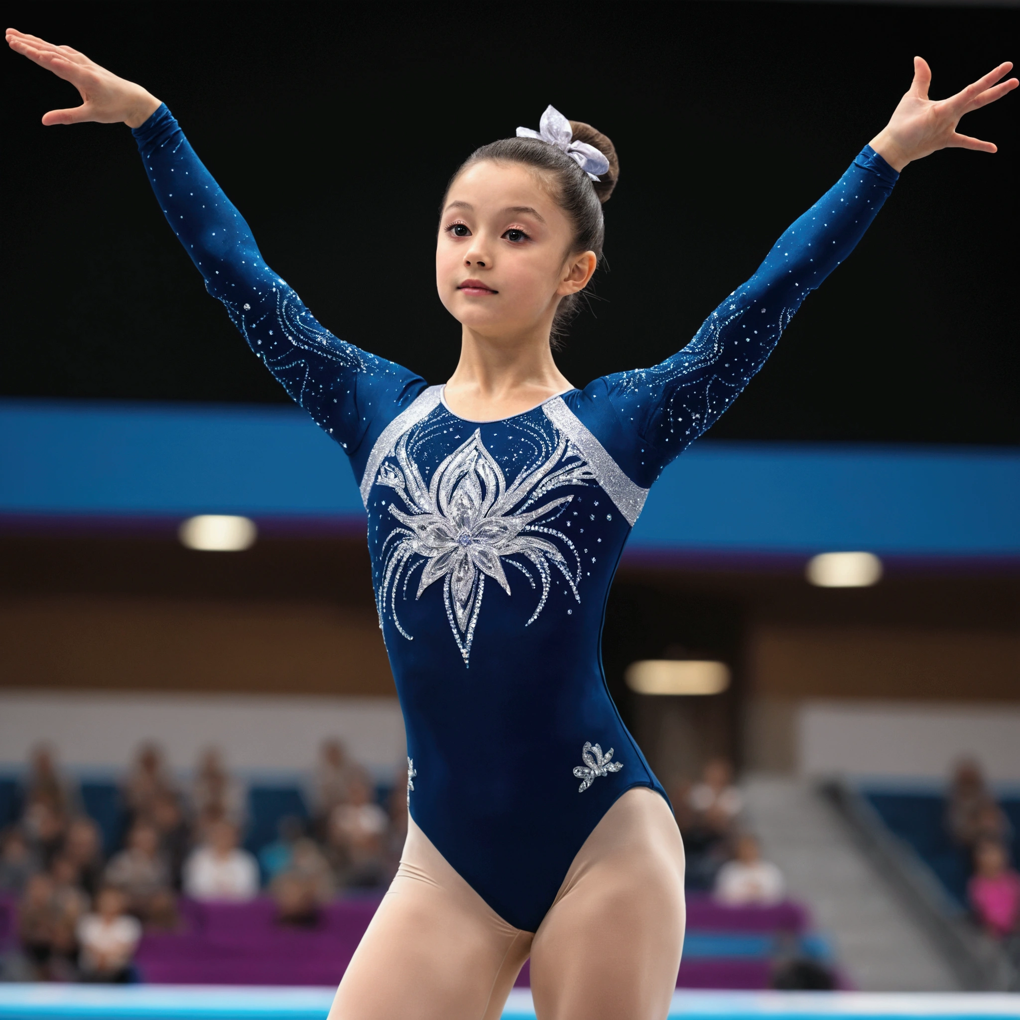 Artistic gymnastics, (masterpiece:1.2), best quality, high quality, (hyper detailed), 4K, high resolution, extremely detailed CG, (Olympic, gymnastics, balance beam), (gymnastics leotard, round necked leotard, long sleeve leotard, athletic leotard), (dynamic pose:1.2),