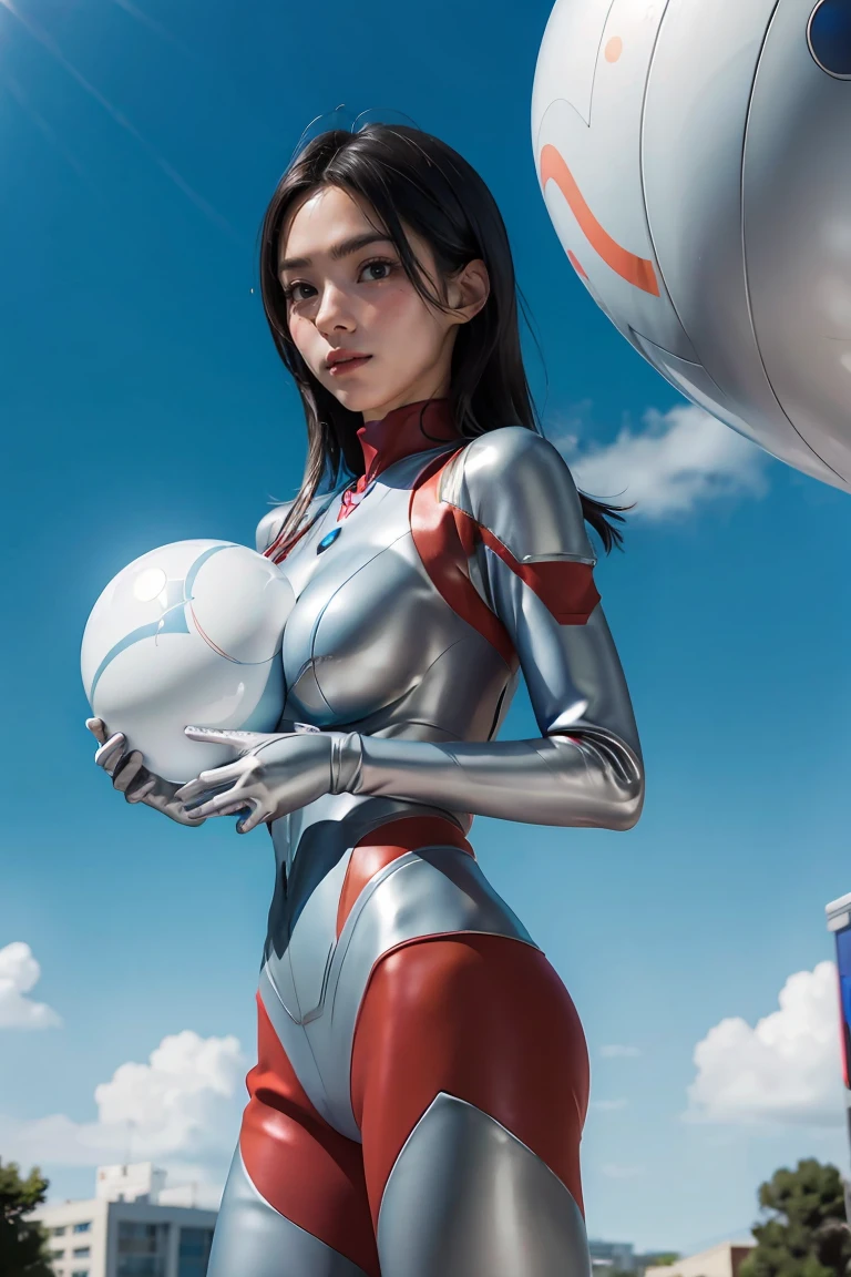 (((blue sky with cloud in background))), Ultraman、realistic、realistic、cinematic lighting, Girl in a shiny red and silver suit、18 years old、professional photo, Japanese model, Japanese cgi、Ultraman Suit、tight and thin cyber suit, Whole body rubbery delicate body, big breasts、small ass、thin thighs、thin arms、thin waist、、Both sides of the cyber suit stick to the skin、Big eyes、facing the front、facing the front、A glowing sphere is embedded in the chest., skirt,