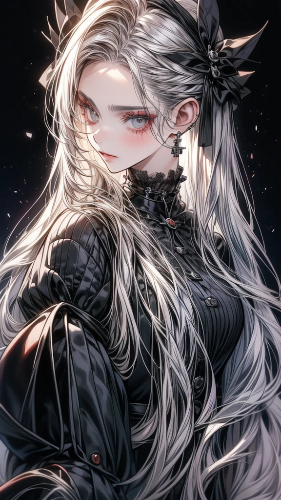 One beautiful woman, a vampire woman,
long hairstyle 、silver hair color , grey eyes、
Two-tone hair colors,small face、anime makeup、"A girl with a cute and androgynous face"、white skin、cute eyes、Very thin eyebrows、tall、stylish black luxury fashion、stylish outfits 、、19 years old、British girl、Has a languid look、anger、Lower the corners of your mouth with no expression on your face、Photographed from the side diagonally、model photoshoot、masterpiece、highest quality、high resolution、luxurious 、glaring expression、korean makeup 、Cool photos、Various poses、rich , an expression of despair, lifeless eyes , Gothic outfit 
