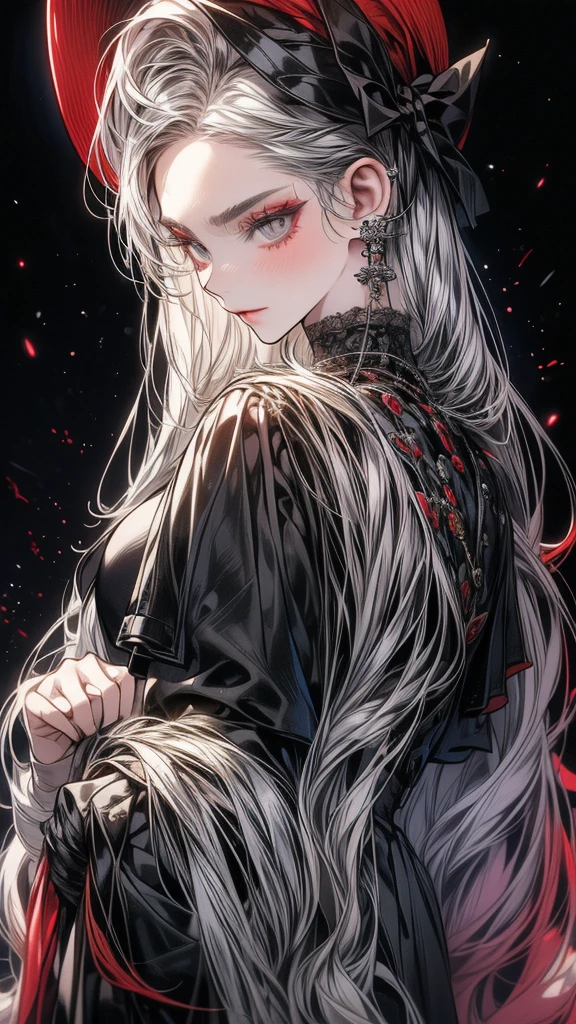 One Beautiful girl、unique long hairstyle 、ash grey hair color , blue eyes、small face、anime makeup、"A girl with a cute and androgynous face"、white skin、cute eyes、Very thin eyebrows、tall、stylish black luxury fashion、stylish outfits 、、19 years old、British girl、Has a languid look、anger、Lower the corners of your mouth with no expression on your face、Photographed from the side diagonally、model photoshoot、masterpiece、highest quality、high resolution、luxurious 、glaring expression、korean makeup 、Cool photos、blurred black filter, black suit , arms tattoos、Various poses、rich , handsome girl, an expression of despair, lifeless eyes , cruch