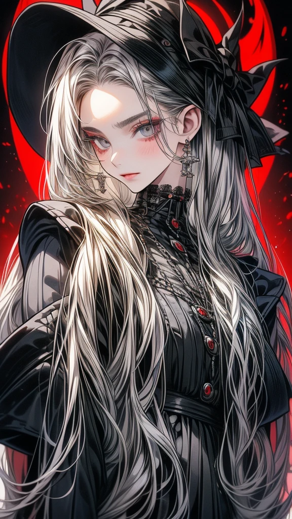 One beautiful woman, a vampire woman,
long hairstyle 、silver hair color , grey eyes、
Two-tone hair colors,small face、anime makeup、"A girl with a cute and androgynous face"、white skin、cute eyes、Very thin eyebrows、tall、stylish black luxury fashion、stylish outfits 、、19 years old、British girl、Has a languid look、anger、Lower the corners of your mouth with no expression on your face、Photographed from the side diagonally、model photoshoot、masterpiece、highest quality、high resolution、luxurious 、glaring expression、korean makeup 、Cool photos、Various poses、rich , an expression of despair, lifeless eyes , Gothic outfit 