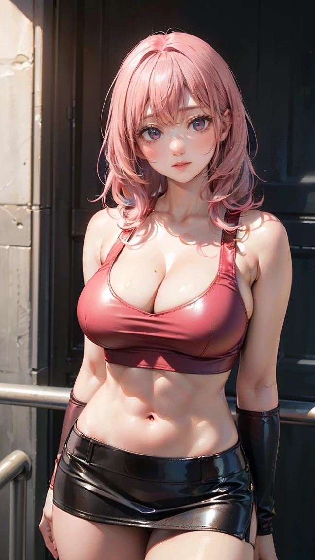 ((Highest quality, 8k, masterpiece :1.3)), (Sharp focus :1.2, Beautiful woman with perfect figure :1.4, Slim Abs), ((Big Breasts, Emphasize cleavage:1.2)), (Photorealistic:1.4), (realistic:1.4), (Pink Hair:1.5), Highly detailed face and skin texture, Fine grain, double eyelid. Makeup face, A little bit of lipstick, sex appeal, Sexy gravure pose, ((Girl wearing a red crop top and leather mini skirt、A provocative smile in front of Kobe's Port Tower。Gold earrings and heels accentuate her beautiful legs。:1.3))