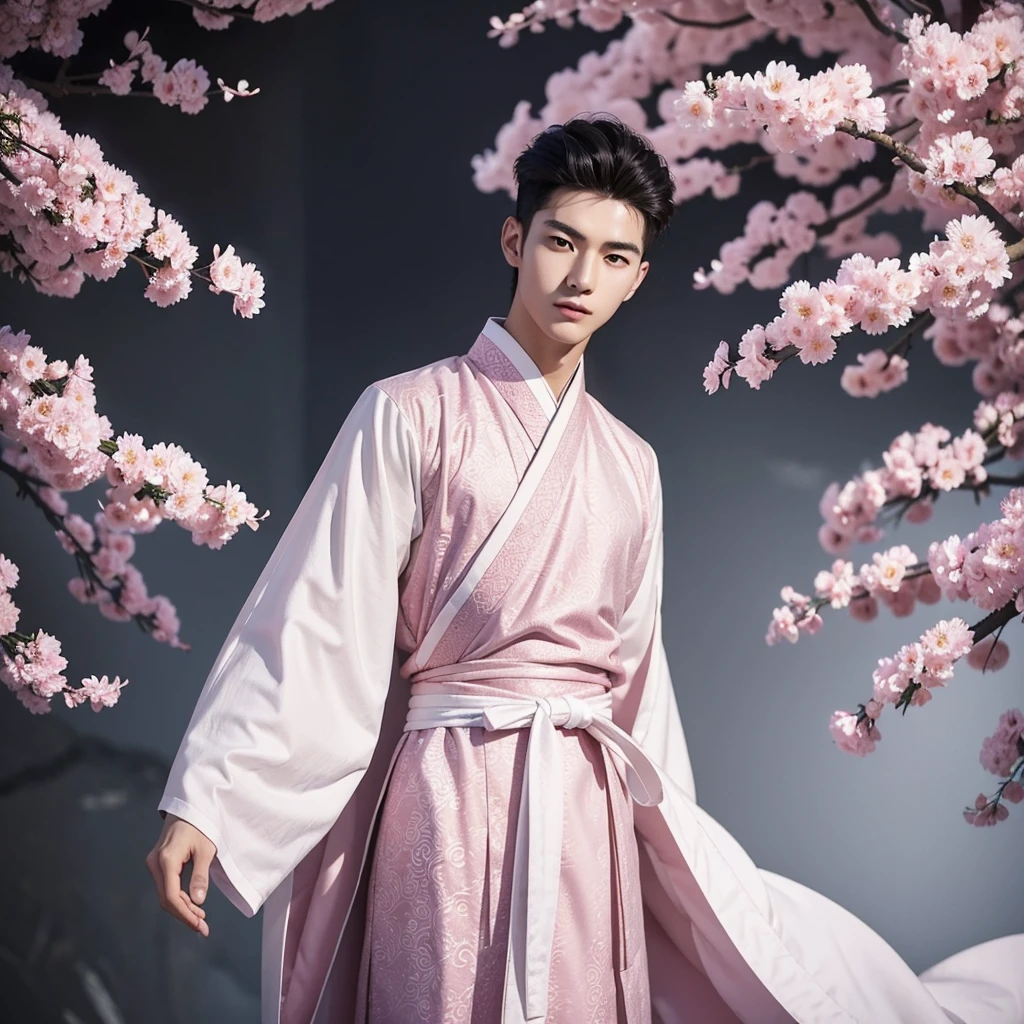 1 Handsome chinese slim guy, 20 years old,  Hair combed smoothly, A pattern of pink-white martial art clothes with wind motif and robe for male. The design is inspired by hanfu.