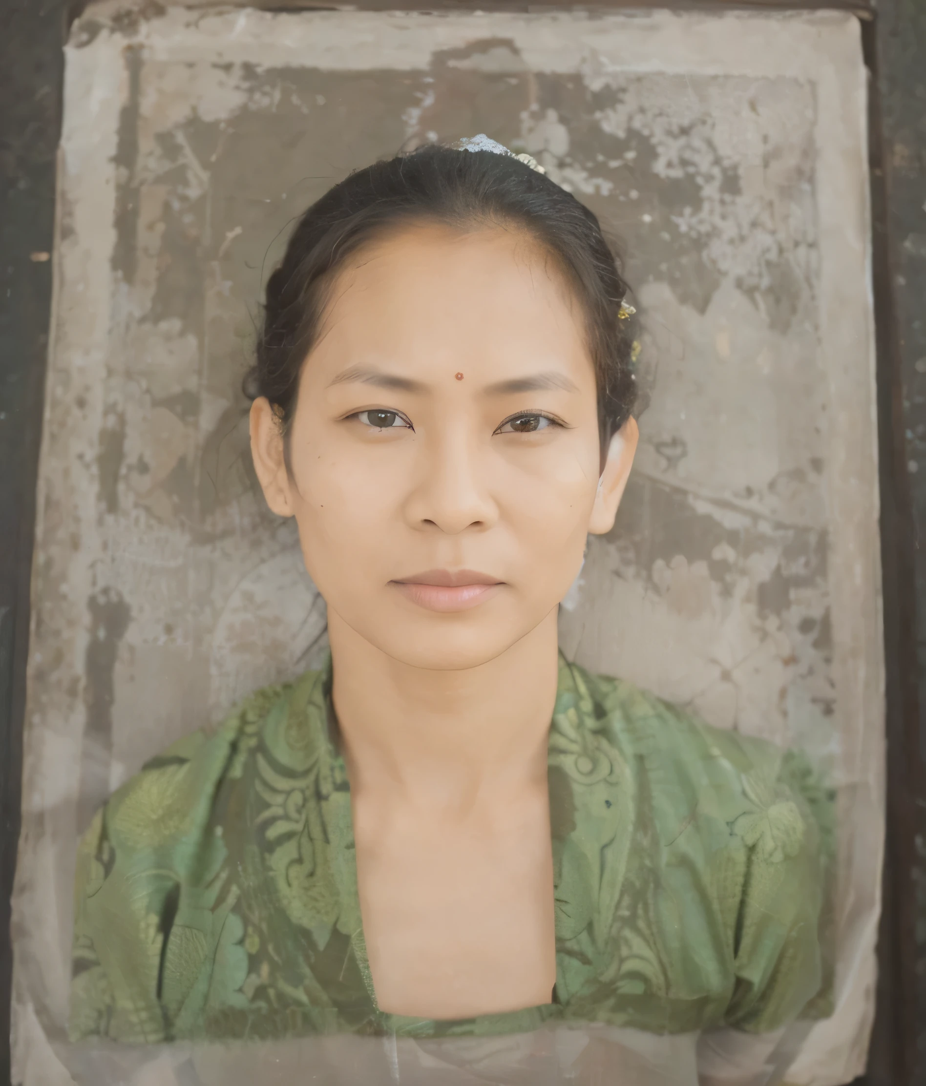 A mother from Indonesia wearing a green batik motif outfit is very realistic 