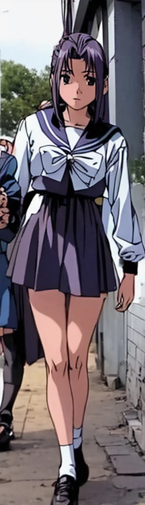 Momoko Koigakubo, a tall woman with beautiful legs, is standing in a sailor uniform with a dark blue miniskirt, holding a in casual clothes.。