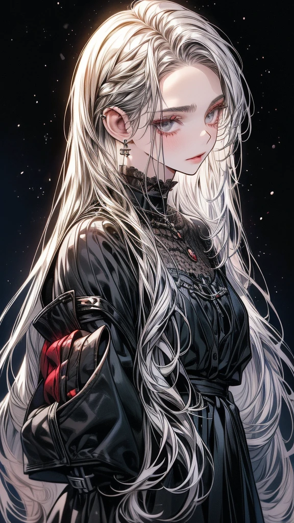 One beautiful woman, a vampire woman,
long hairstyle 、silver hair color , grey eyes、
Two-tone hair colors,small face、anime makeup、"A girl with a cute and androgynous face"、white skin、cute eyes、Very thin eyebrows、tall、stylish black luxury fashion、stylish outfits 、、19 years old、British girl、Has a languid look、anger、Lower the corners of your mouth with no expression on your face、Photographed from the side diagonally、model photoshoot、masterpiece、highest quality、high resolution、luxurious 、glaring expression、korean makeup 、Cool photos、Various poses、rich , an expression of despair, lifeless eyes , Gothic outfit