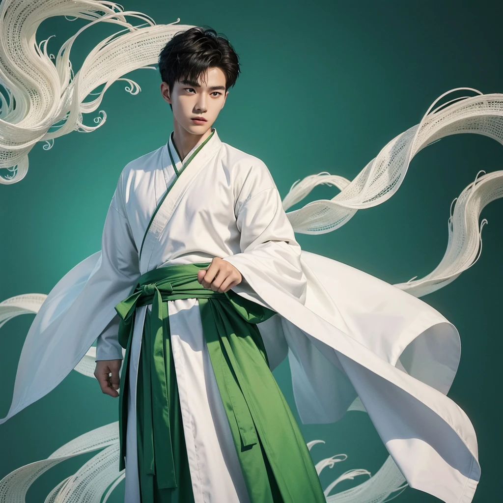 1 Handsome chinese slim guy, 20 years old, Hair combed smoothly, A pattern of green-white martial art clothes with wind motif and robe for male. The design is inspired by hanfu.