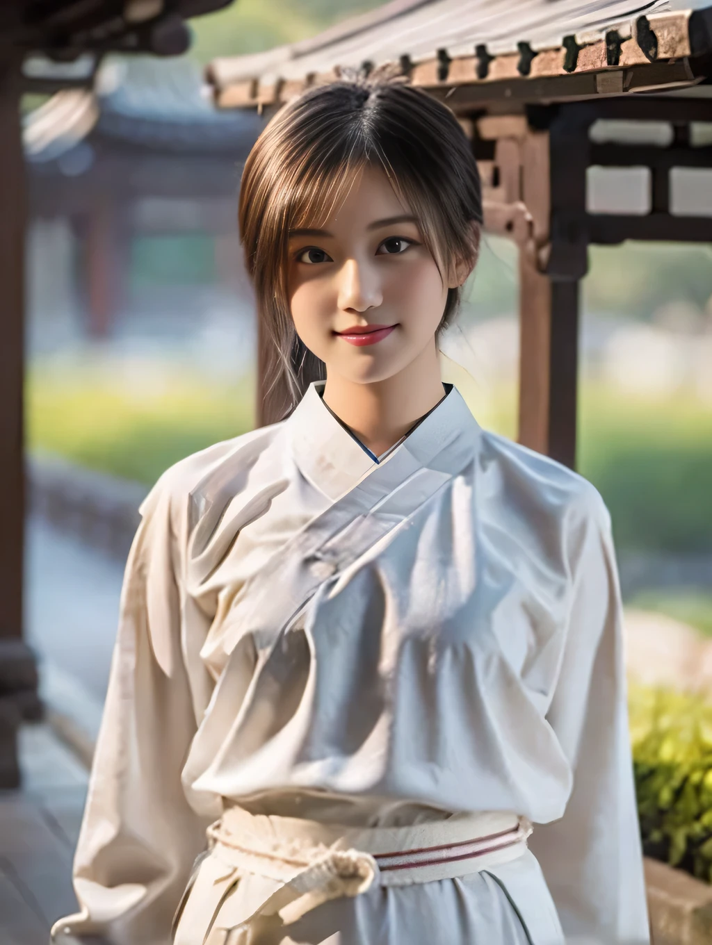 20 year old Japanese beauty，Slim and cute、Bulge of lateral breasts、Slit eyes、I can see from head to toe，Bust is very very large、The background is ancient China、High quality photos、clear, Clear image of the lower body、Masterpiece 8k、Smiling、Wearing Taoist clothing