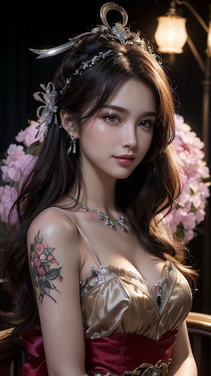 (((sfw:1.5)))、High resolution symmetrical images, Girl and Horihada, Yakuza, Japanese Mafia, Tattoos on waist, chest and arms Movie photos, Cleavage、(((Full body tattoos)))、 (Lotus tattoo)、 (Close-up chest, Underarm, 胸のAngle from below), Blonde braids, short hair, ((Art Nouveau)), (Ecstasy Face), (Alphonse Mucha), Small earrings, ((on the road, wood, Buildings in medieval Europe)), Angle from below、(Anatomically correct)、(Perfect body proportions)、(Natural Hands、Natural Fingers)、(Breast Goddess, Woman born from flowers, ((Round face)), Realistic Eye Size, Droopy eyes, smile,I'm bathed in dazzling light