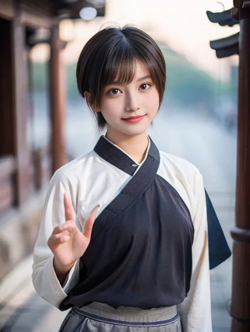 20 year old Japanese beauty，Slim and cute、Bulge of lateral breasts、Slit eyes、I can see from head to toe，Bust is very very large、The background is ancient China、High quality photos、Clear, sharp images of the lower body、Masterpiece 8k、Smiling、Wearing Taoist clothing