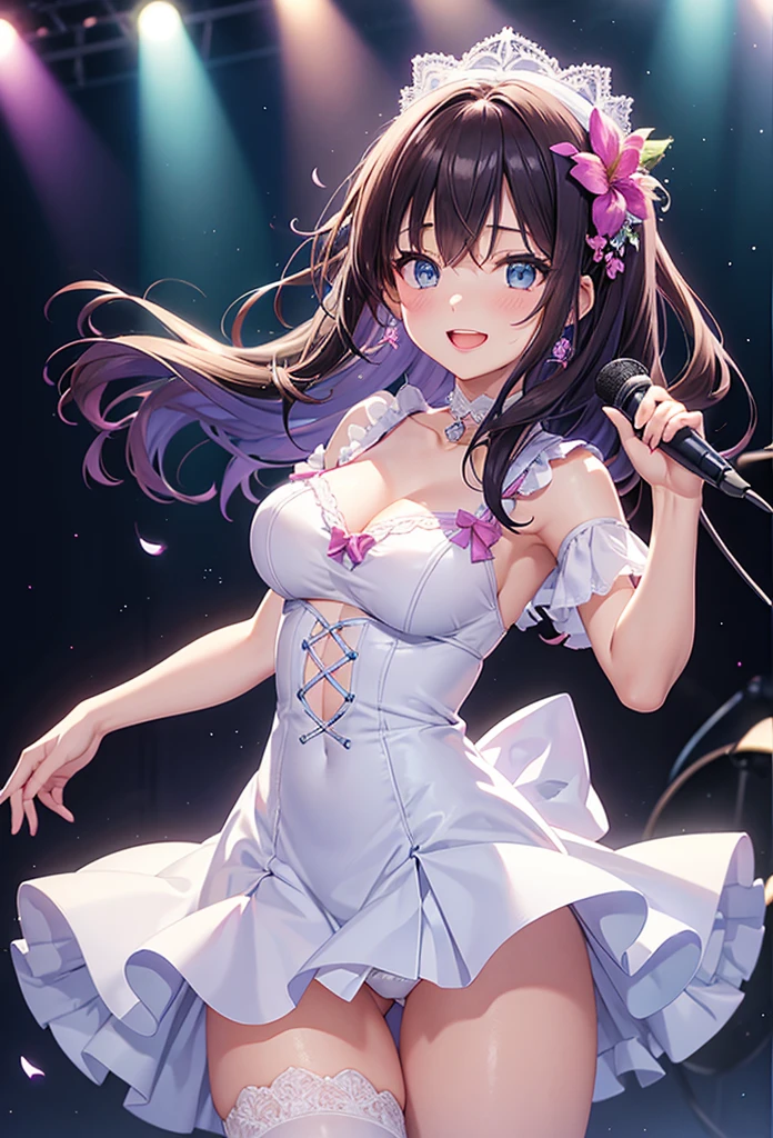 A close-up of a beautiful girl wearing a dress on a stage, anime girl, wearing a purple idol costume, short sleeves, choker with a bow, low-cut chest, long white stockings with lace, looks like a model, singing and dancing on a stage, have a microphone, dark brown hair, wavy hair, long hair, expressive hair, flowers hair ornament, swept bangs, long bangs, aqua eyes, detailed eyes, bright eyes and pupils, blush, joyful expression, purple hair ribbon, crystal earrings, smile, red lips, glossy lips, open mouth, tongue, upper teeth, singing happily, big rounds breasts, thin waist, perfect arms, defined thighs, thin legs, sexy pose, white lace panties, high definition, natural light, high detail, anime, dithering, image fill, perspective, Wide-Angle, f/1.8, 85mm, Sony FE GM, 8k, 8k wallpaper, super detail, highly detailed CG, UHD, retina, masterpiece, accurate, anatomically correct, textured skin, highres, best quality:1.3, 16k
