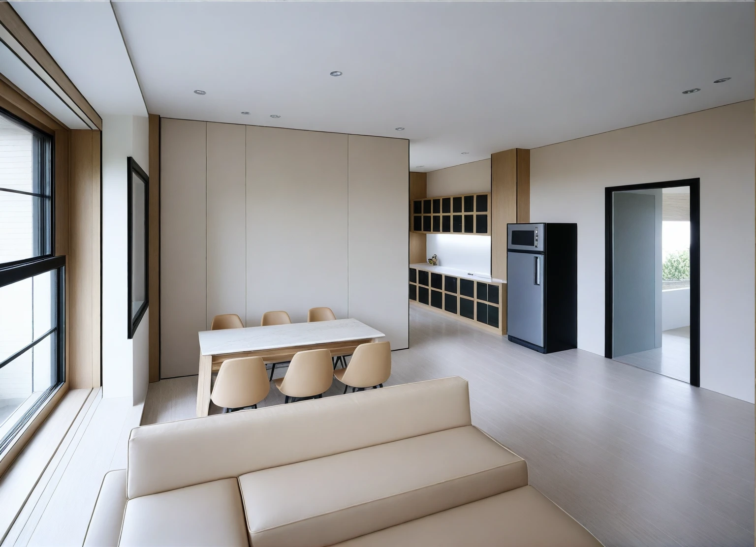 Prompt: Raw photo(masterpiece) , ((best quality)),dramatic lighting, high quality, authentic,high resolution, super detail, highly detailed,Photorealistic,Clean lines, indoors, ( white bright natural oak wooden interior ) , (( living room, dining and kitchen :1.3)), modern style, daylight, (beige TONE : 1.3 ) ,white marble tile floor, ((( white ceiling : 1.7 ))), sofa with reception, glass