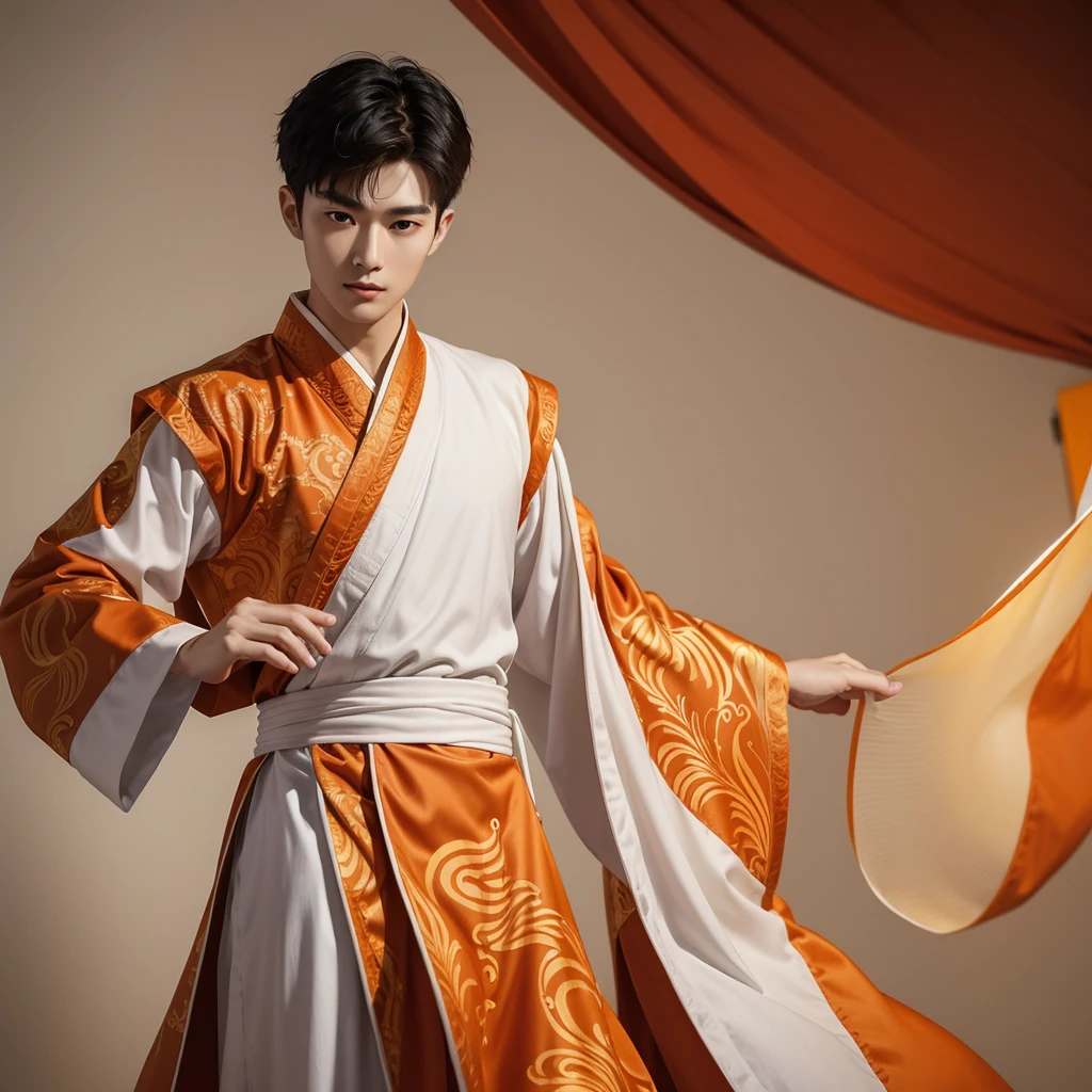 1 Handsome chinese slim guy, 20 years old, Hair combed smoothly, A pattern of orange-white martial art clothes with wind motif and robe for male. The design is inspired by hanfu.