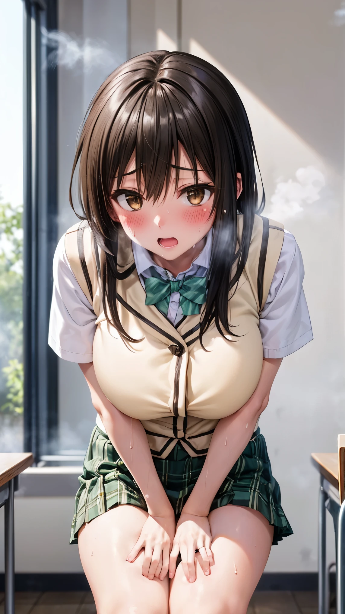 best quality,1girl,((big breasts:1.3)),curvy,((orgasm,blush,sweat,steam:1.3)),yui kotegawa, black hair, (brown eyes:1.5), long hair, green skirt, plaid, plaid skirt,((sainan high , school uniform)), skirt, short sleeves,thighhighs,remote controller, remote control,crotchAngle,head out of frame,lower body,have to pee,covering crotch,(((hand between legs))),knees together feet apart,stand,((standing,リモコン,boy:1.1)),classroom