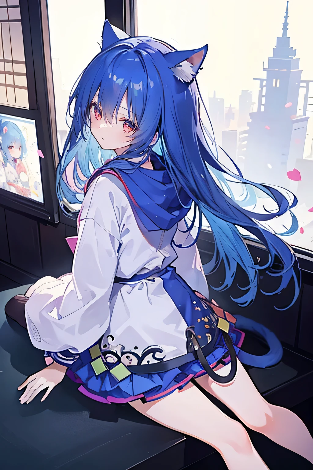 （masterpiece：1.2），Super detailed，lifelike，Expressive eyes，fair skin，perfect face shape，1 girl，
Japanese comics,Gorgeous blue hair,flowing blue hair,flowing clothes,Cat ears,Petals fall,beautiful lola,Baby Angel,
Shaking head with one hand，Cross your legs，smile, wearing hoodie, ,back views,snowing, winter，City Street Scene，winter。sitting on window， looking out the window，Turn your back to the audience,winter。