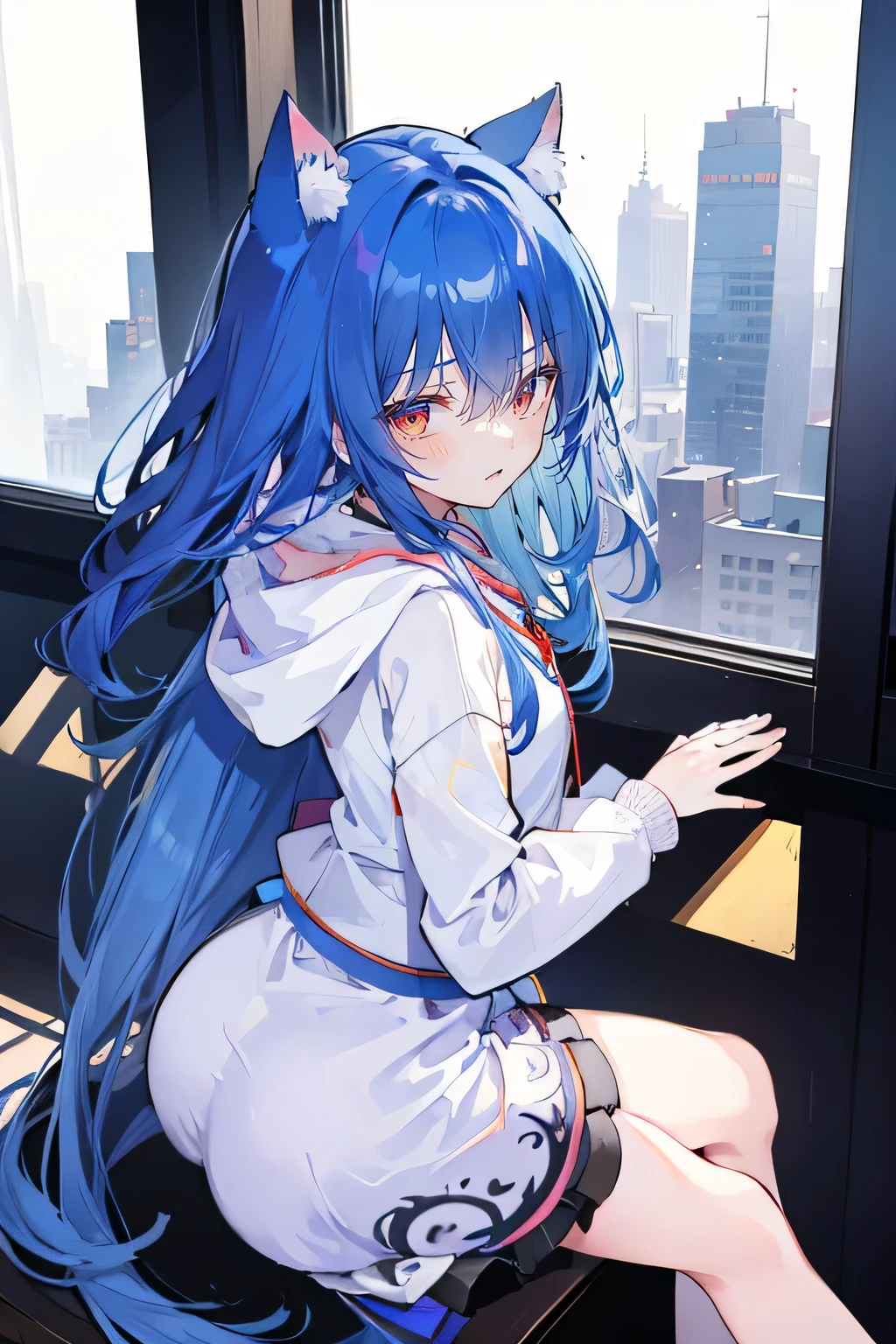 (masterpiece:1.2),Super detailed,lifelike,Expressive eyes,fair skin,perfect face shape,1 girl,
Japanese comics,Gorgeous blue hair,flowing blue hair,flowing clothes,Cat ears,Petals fall,beautiful lola,Baby Angel,
Shaking head with one hand,Cross your legs,smile, wearing hoodie, ,back views,snowing, winter,City Street Scene,winter。sitting on window, looking out the window,Turn your back to the audience,winter。