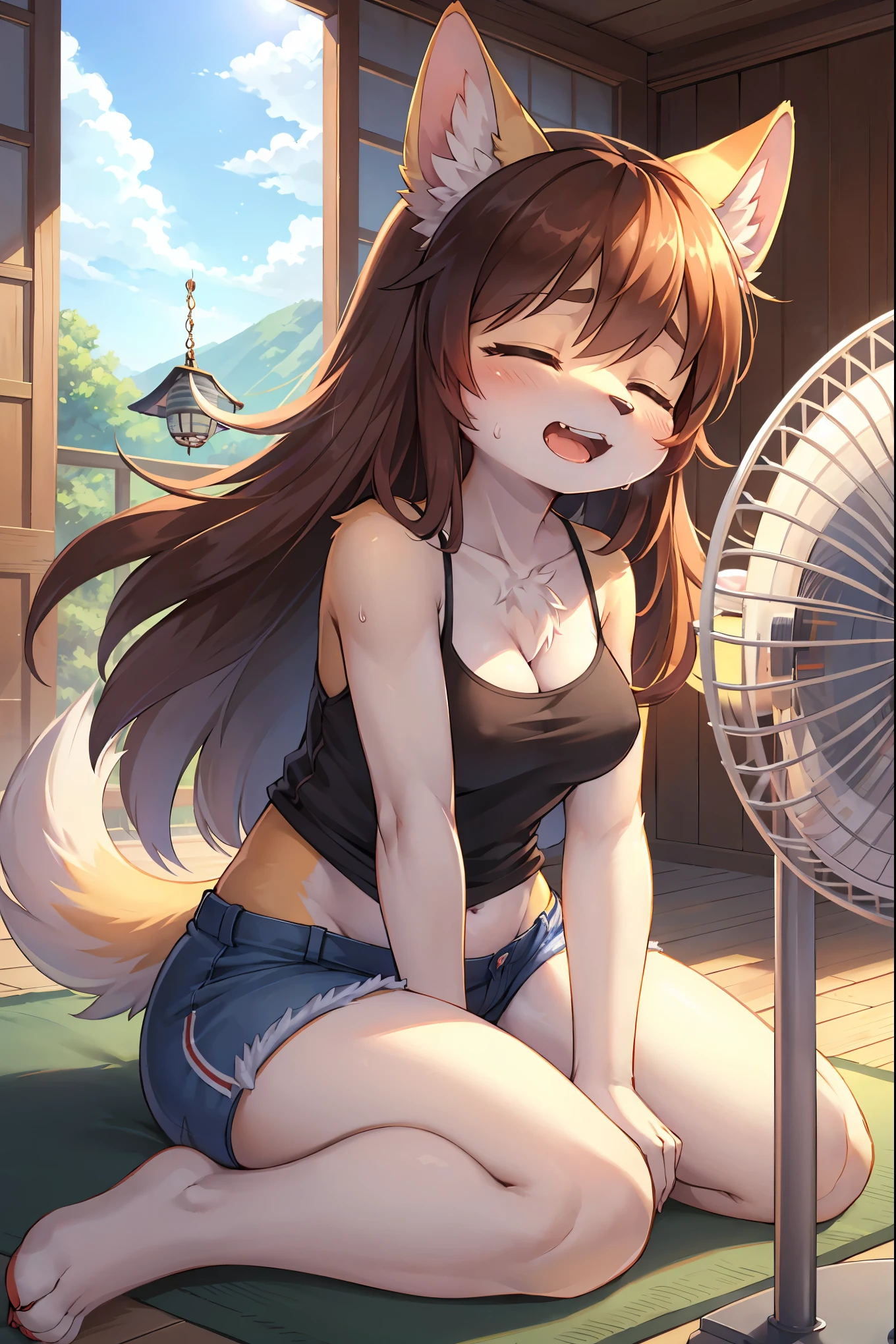 (best quality,4k,8k,highres,masterpiece:1.2),ultra-detailed,furry,anime,female,anthro,full body,solo,species,two-toned body,long hair,floating hair,flowing hair,sweatdrop,breeze,loose clothes,camisole,shorts,looking at electric fan,leaning forward,wariza,sitting,closed eyes,open mouth,wavy mouth,electric fan,tatami,wind chime,summer