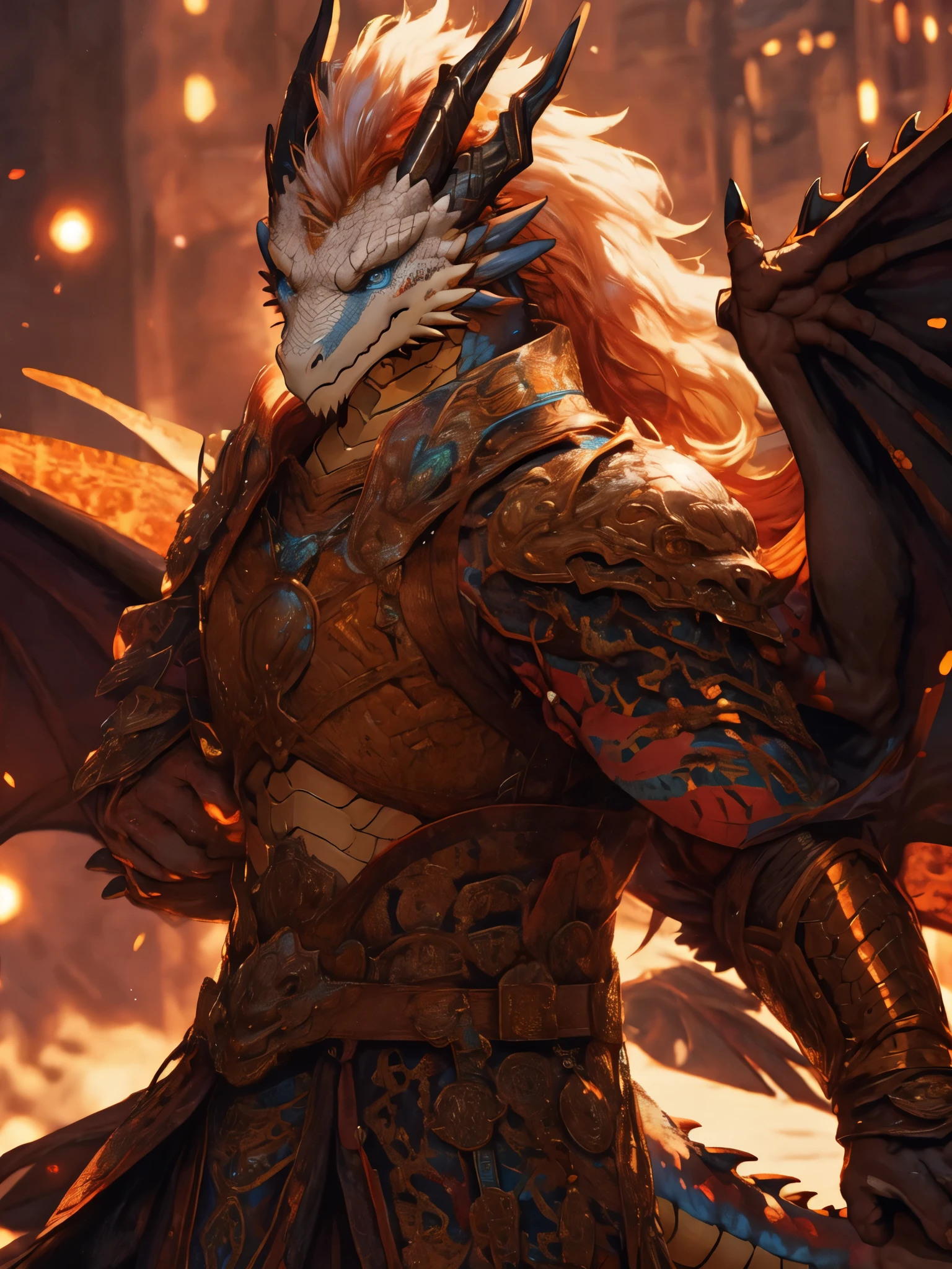 kemono, (dragon), anthro, male,((white scales)),wings,blue_eyes,8K,sword,ornate armor(The elaborately crafted coat of arms of a nobleman),ultra high resolution,surreal,clear eye description, muscular body,waist armor,character art, action pose,masterpiece,Realistic RAW photos of the highest quality,bright colors,rich colors, backlight, movie lights, film grain,50mm lens