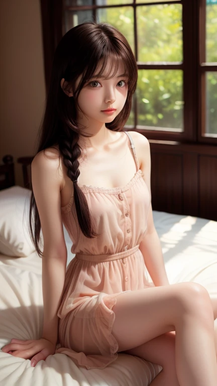 (masterpiece, Highest quality:1.2), One girl, alone,bony body、15 years old、Young Scandinavian woman, Cute Face, Fascinating, Highest quality, masterpiece, Translucent summer dress, Golden Hour, Detailed Texture, Long braided hair, Sitting on the bed, Pause, カジュアルなPause, Wooden cottage, interior, [blush], beautiful, Complex, Caustics, light, sunlight, (((Soft lips))), (((Glossy Lips))), Very detailed, (Semi-realistic:1.2), Niroudef, Redhead