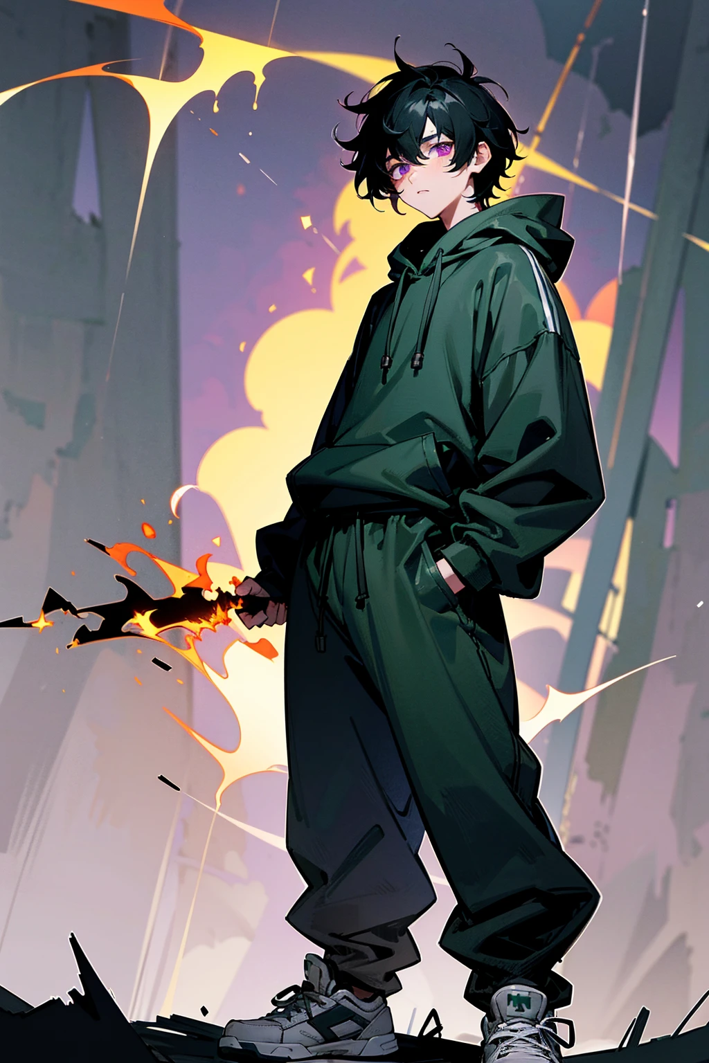 Masterpiece, 8k, a boy with messy black hair and bright violet eyes. He is wearing a dark green hoodie with knights armor underneath, baggy grey joggers, and white sneakers. The backdrop is a ruined castle trail with flaming torches around. Standing on path