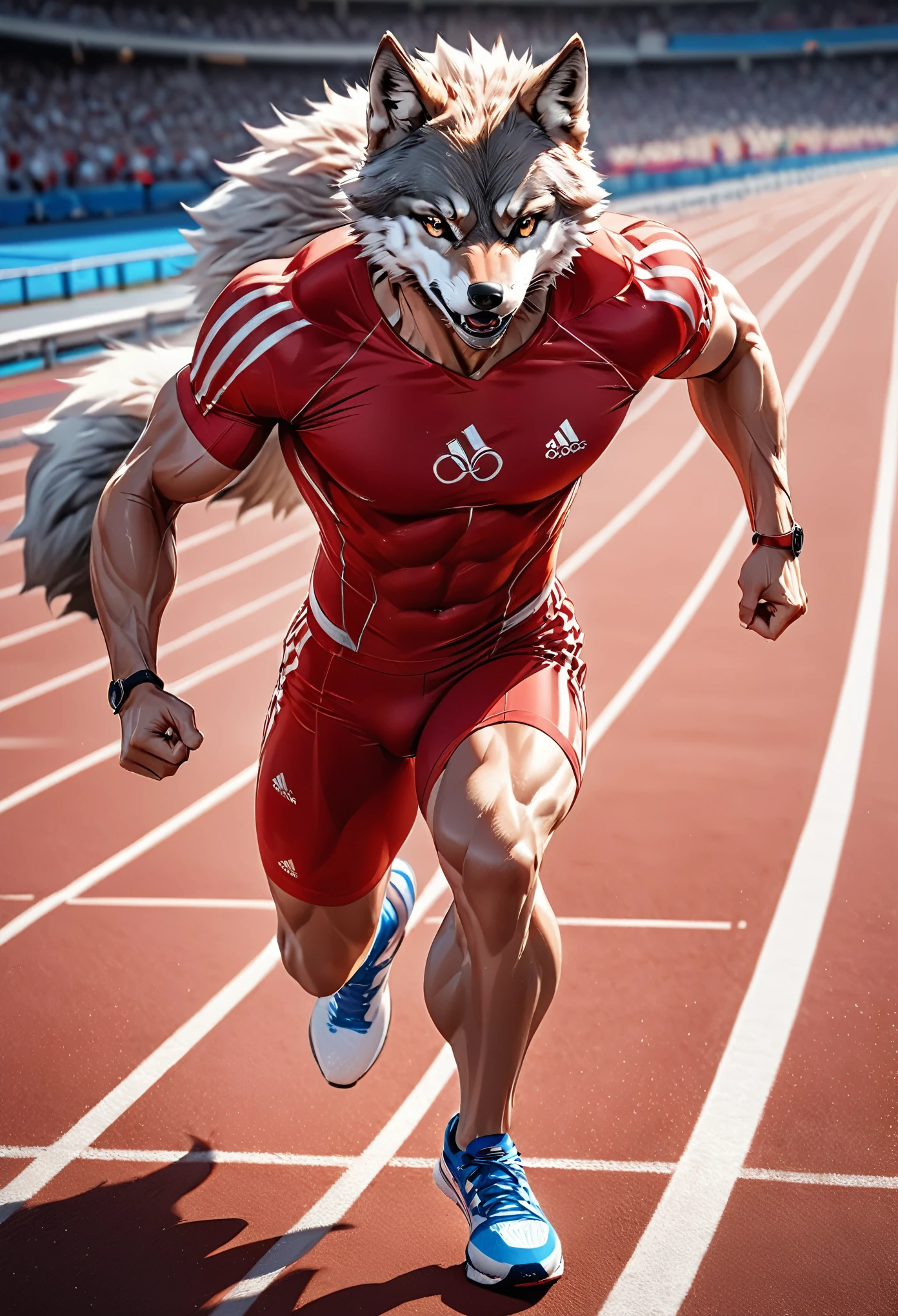 a photo finish shoot of a muscular anthomorph wolf on the running lane,  ((full body shot: 1.5)), ((anatomically correct: 1.5)) (ultra detailed face: 1.2), dynamic fur color, intense eyes, determined look, he is wearing running t shirt, sports shoes, running lane in an athlete stadium in the Olympics,  vibrant, Ultra-high resolution, High Contrast, (masterpiece:1.5), highest quality, Best aesthetics), best details, best quality, highres, 16k, [ultra detailed], masterpiece, best quality, (extremely detailed) RAW, (ultra details, Masterpiece, best quality), Cinematic Hollywood Film, Intense gaze