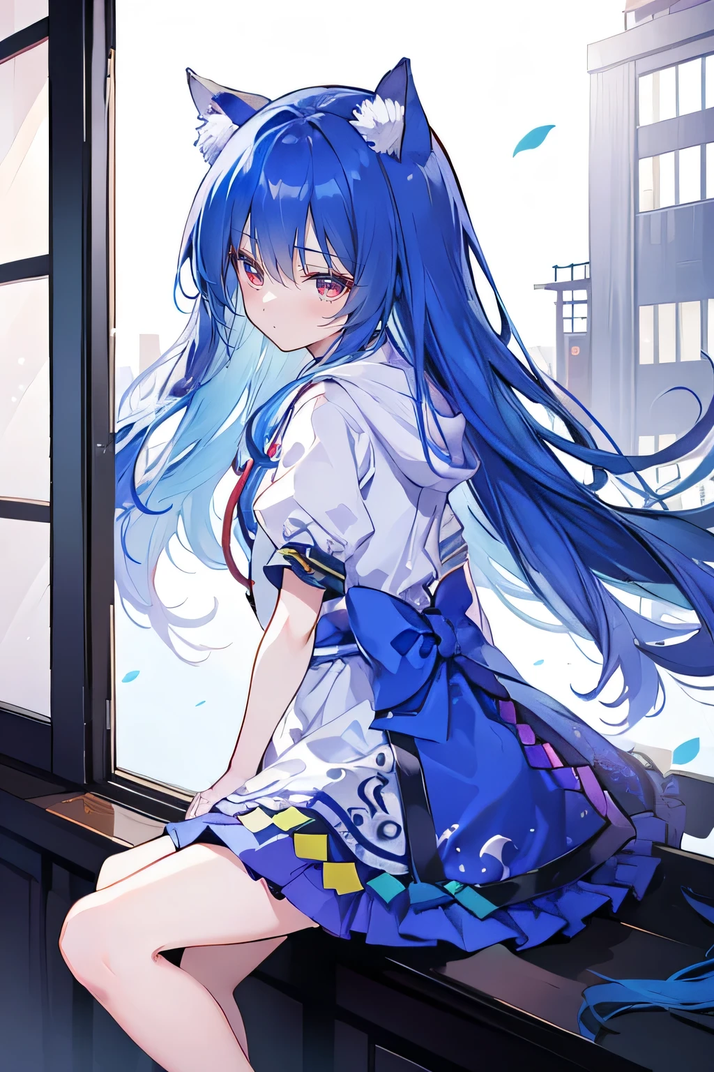 （masterpiece：1.2），Super detailed，lifelike，Expressive eyes，fair skin，perfect face shape，1 girl，
Japanese comics,Gorgeous blue hair,flowing blue hair,flowing clothes,Cat ears,Petals fall,beautiful lola,Baby Angel,
Shaking head with one hand，Cross your legs，smile, wearing hoodie, ,back views,snowing, winter，City Street Scene，winter。sitting on window， looking out the window，Turn your back to the audience,winter。