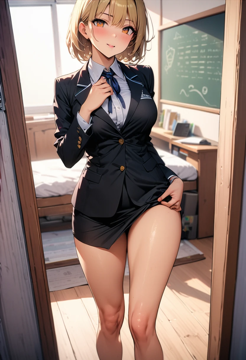 A beautiful teacher in a suit stands in the room, There is a blackboard on the wall behind her, Beautiful teacher, Sexy, aloof, Black wrapped long legs, blonde, Licking lips,Ultra HD, Retina, precise, masterpiece, Anatomically correct, Textured Skin, Super Detail, high quality, High Detail, best quality, high resolution, 1080P