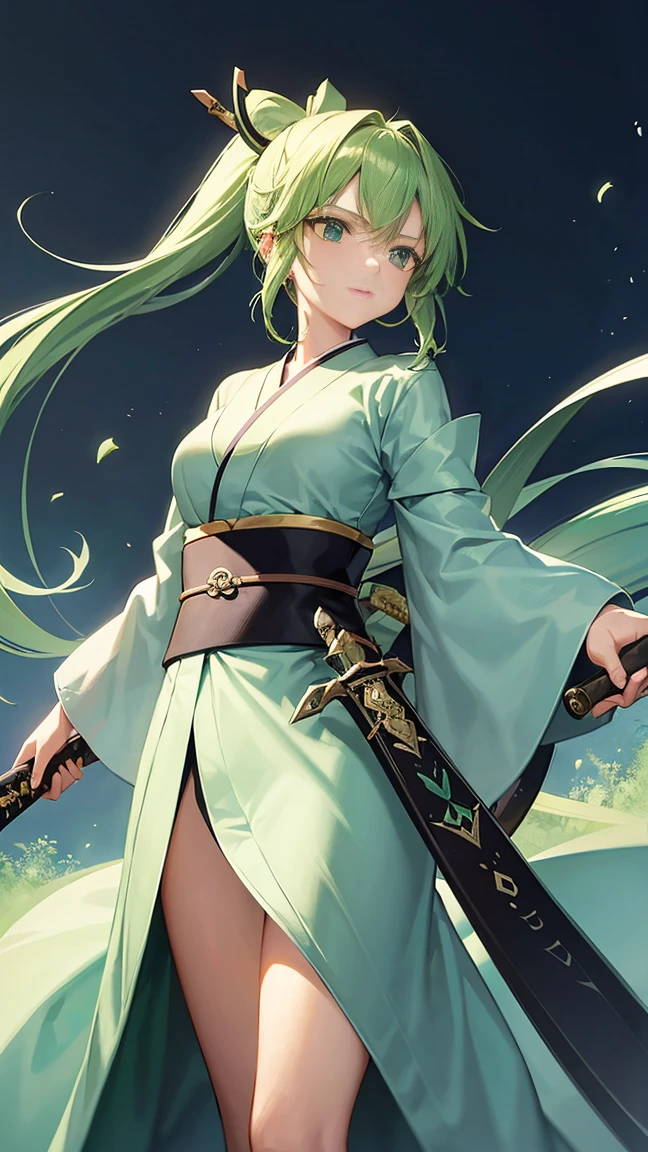 20-year-old female、Swordsman、Pale green kimono、Long green hair tied back、Gentle expression、Equipped with a sword、