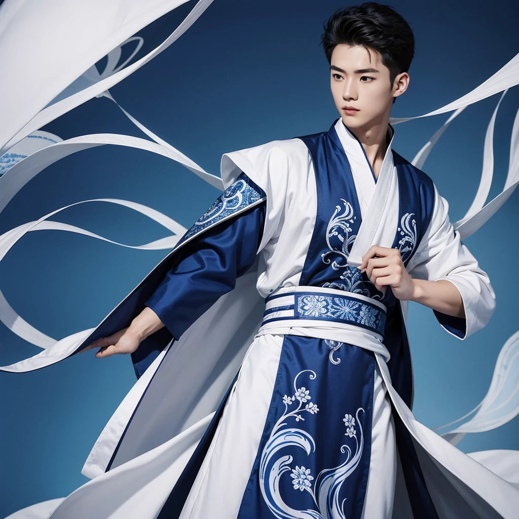 1 Handsome chinese slim guy, 20 years old,  Hair combed smoothly, A pattern of blue-white martial art clothes with wind motif and robe for male. The design is inspired by hanfu.