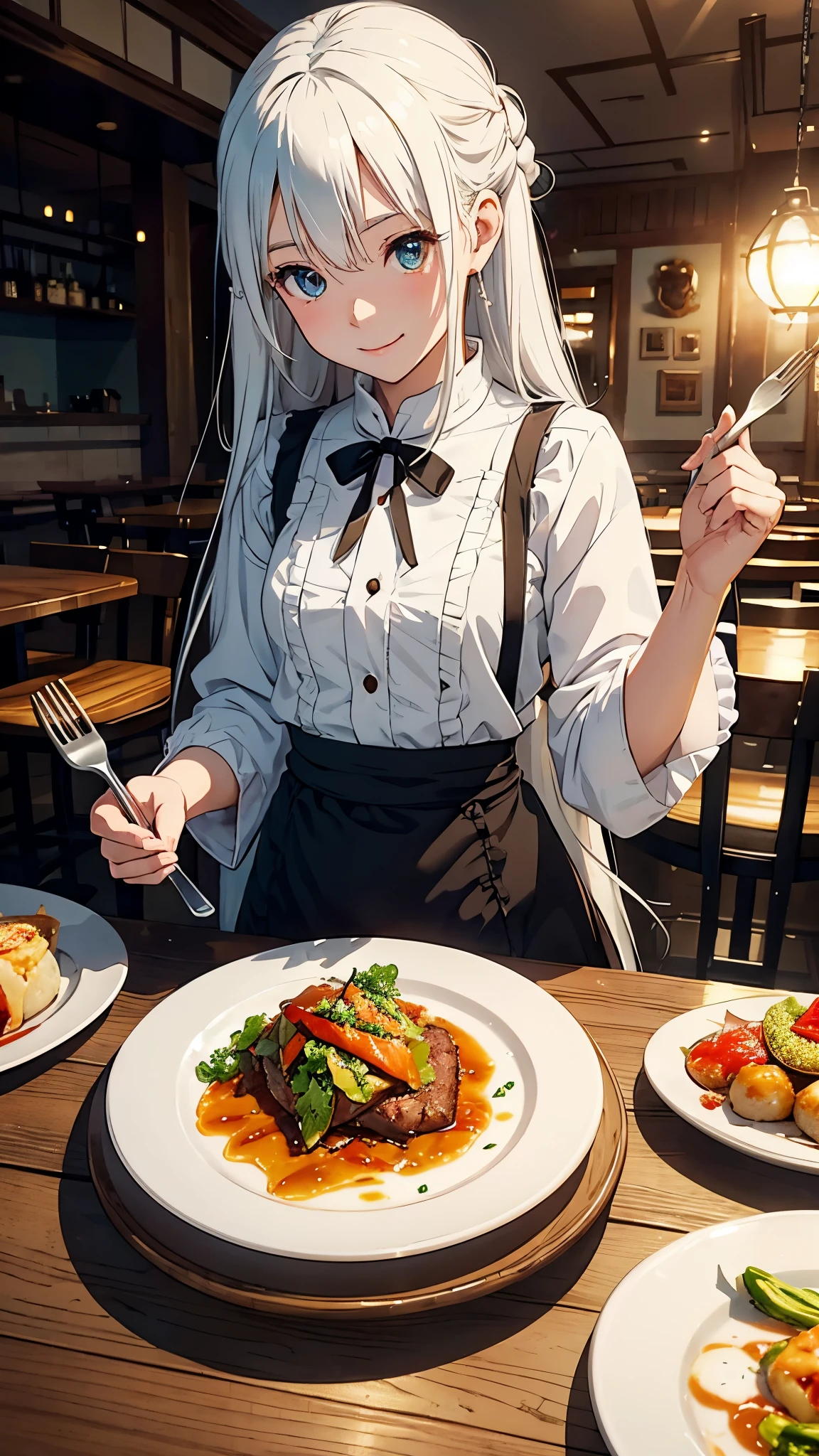 (anime girl beautiful),(restaurant),(Table with Small Dishes),smiling,Fork in Hand,Pierces a Piece of Meat,Warm Atmosphere,Snow White Hair,Lightweight clothing,amber eyes,Light Aroma Wafting From the Dishes,Sparkling plate,Beautiful Table with Different Patterns,Sits and Enjoys Delicious Dishes.