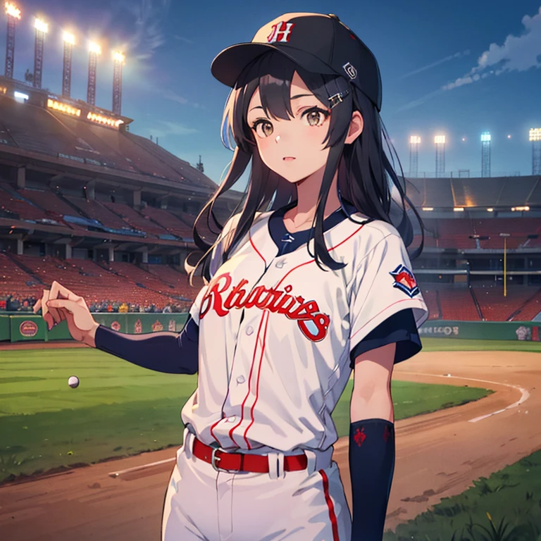 oyashio,hairclip
,(masterpiece:1.4),(best quality:1.4), (high quality:1.4),(hyper detailed:1.4),(exquisite:1.4), art CG,8K,1girl solo,
play baseball, ,wear baseball uniform,
wear baseball hat, standing, baseball Ground, 