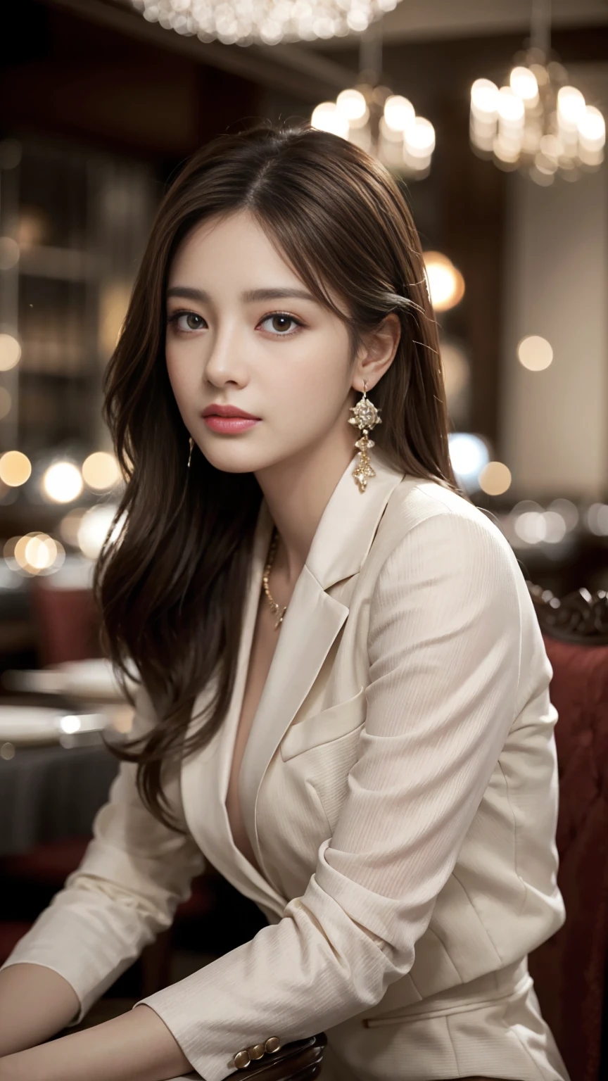 masterpiece, Highest quality, Realistic, Very detailed, Finer details, High resolution, 8k wallpaper, One beautiful woman, Wear a nice suit, In a great restaurant, At night, Light brown messy hair, Perfect dynamic composition, Beautiful and beautiful eyes、Big earrings、Sit on a chair、