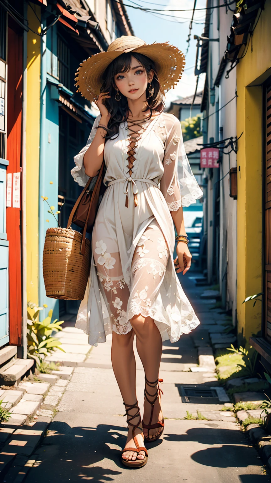 24-year-old woman、Indigo Hair、semi-long、Straw hat、White summer dress decorated with lace、Lace-up sandals、Taketomi Island、Unpaved alley、Okinawa&#39;s unique traditional houses、A stone wall surrounds the house.、Red hibiscus、Summery blue sky