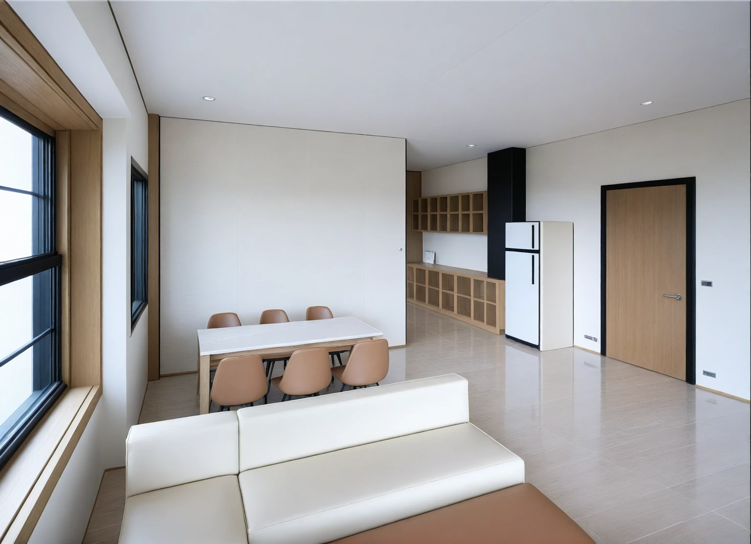 Prompt: Raw photo(masterpiece) , ((best quality)),dramatic lighting, high quality, authentic,high resolution, super detail, highly detailed,Photorealistic,Clean lines, indoors, ( white bright natural oak wooden interior ) , (( living room, dining and kitchen :1.3)), modern style, daylight, (beige TONE : 1.3 ) ,white marble tile floor, ((( white ceiling : 1.7 ))), sofa with reception, glass